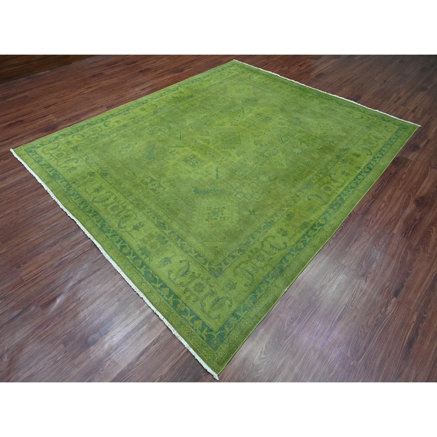 8'x9'6" Pickle Green, Overdyed Kazak with Geometric Pattern, Hand Knotted, Pure Wool, Oriental Rug Sh20403