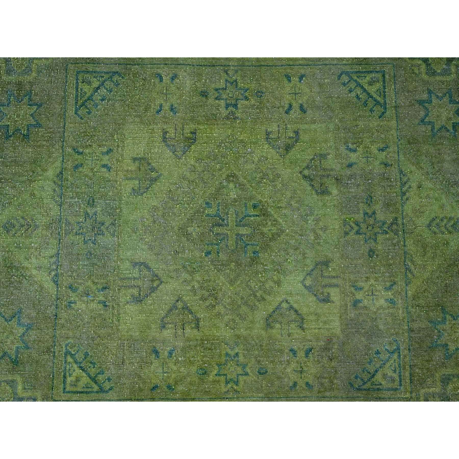 8'x9'6" Pickle Green, Overdyed Kazak with Geometric Pattern, Hand Knotted, Pure Wool, Oriental Rug Sh20403