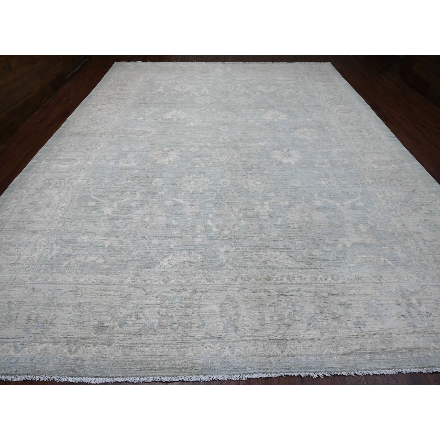 12'x15'4" Misty Gray, Washed Out Peshawar with All Over Leaf Pattern, Hand Knotted, Natural Dyes, 100% Wool, Oversized, Oriental Rug Sh20405