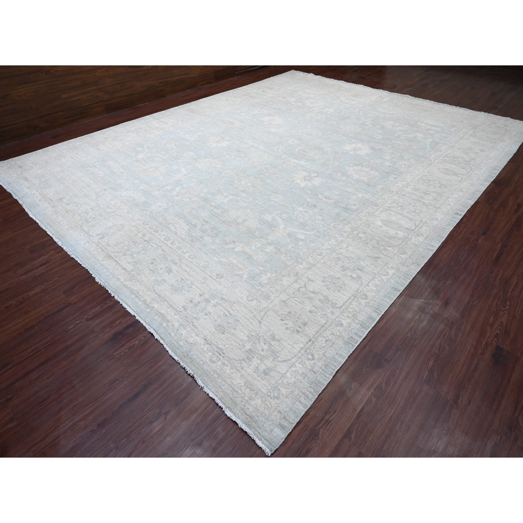 12'x15'4" Misty Gray, Washed Out Peshawar with All Over Leaf Pattern, Hand Knotted, Natural Dyes, 100% Wool, Oversized, Oriental Rug Sh20405