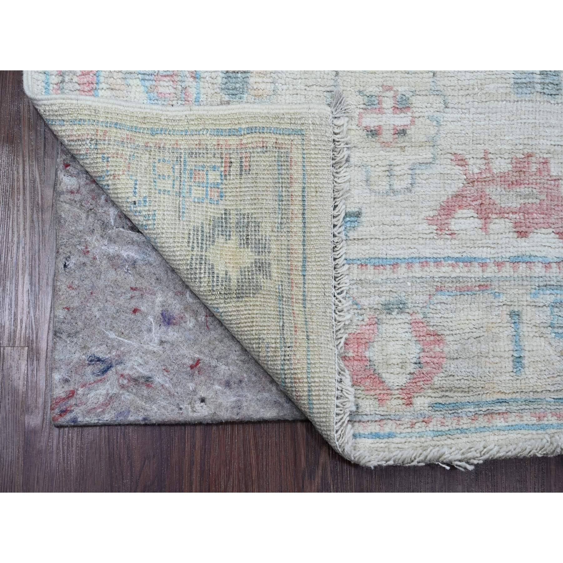 3'x11'8" Bone White, Afghan Angora Oushak with Floral Pattern, Hand Knotted, Veggie Dyes, Pure Wool, Runner, Oriental Rug Sh20406
