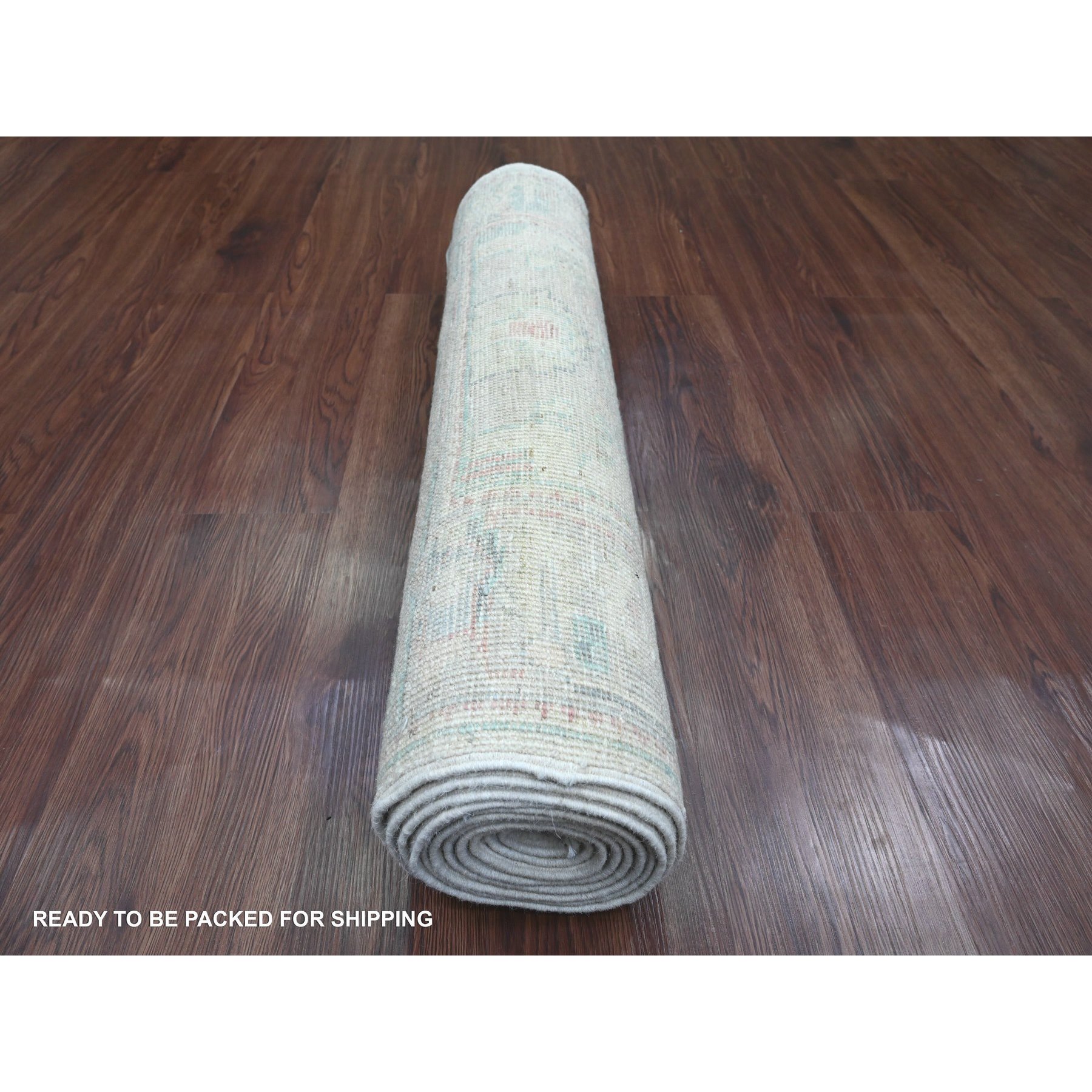3'x11'8" Bone White, Afghan Angora Oushak with Floral Pattern, Hand Knotted, Veggie Dyes, Pure Wool, Runner, Oriental Rug Sh20406