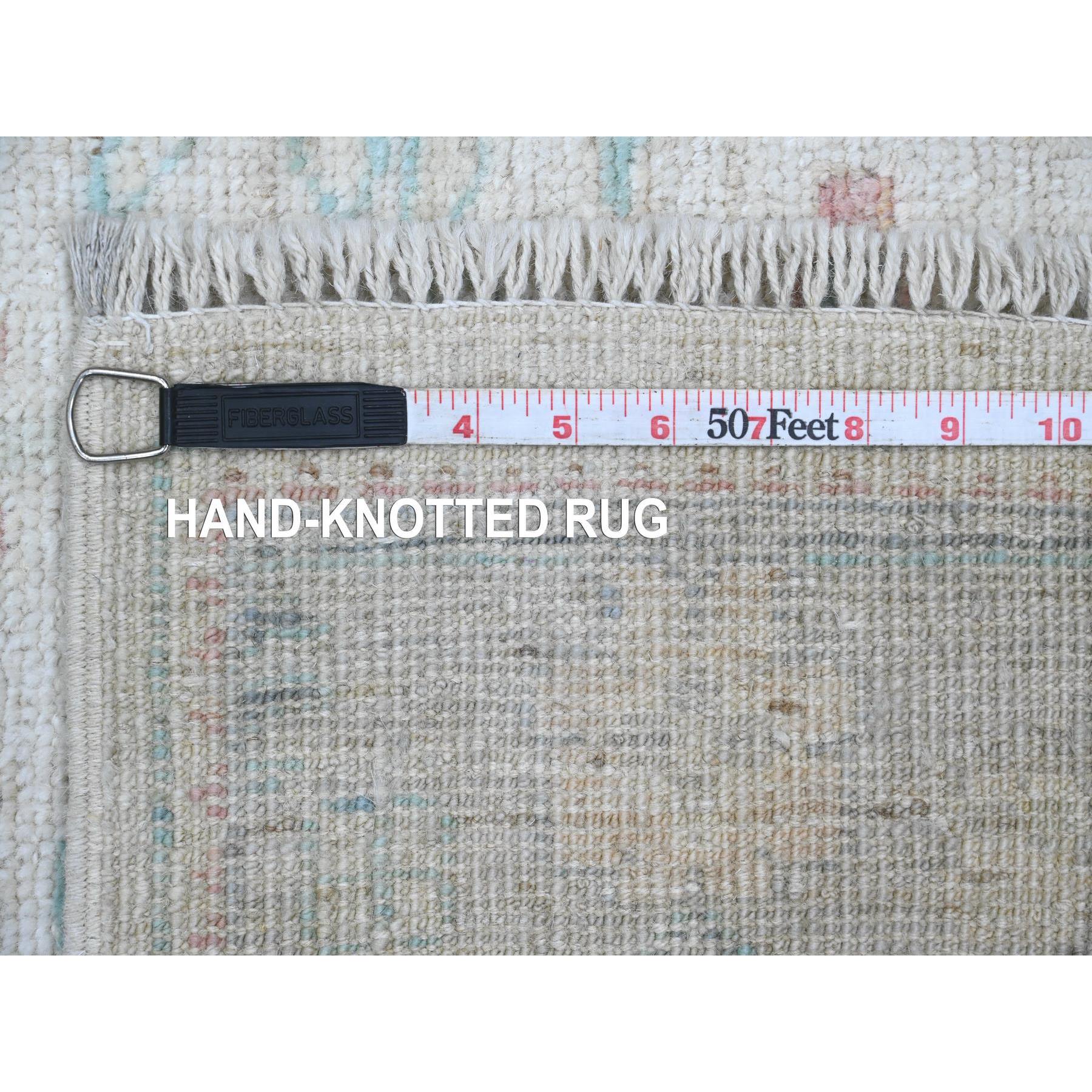 3'x11'8" Bone White, Afghan Angora Oushak with Floral Pattern, Hand Knotted, Veggie Dyes, Pure Wool, Runner, Oriental Rug Sh20406