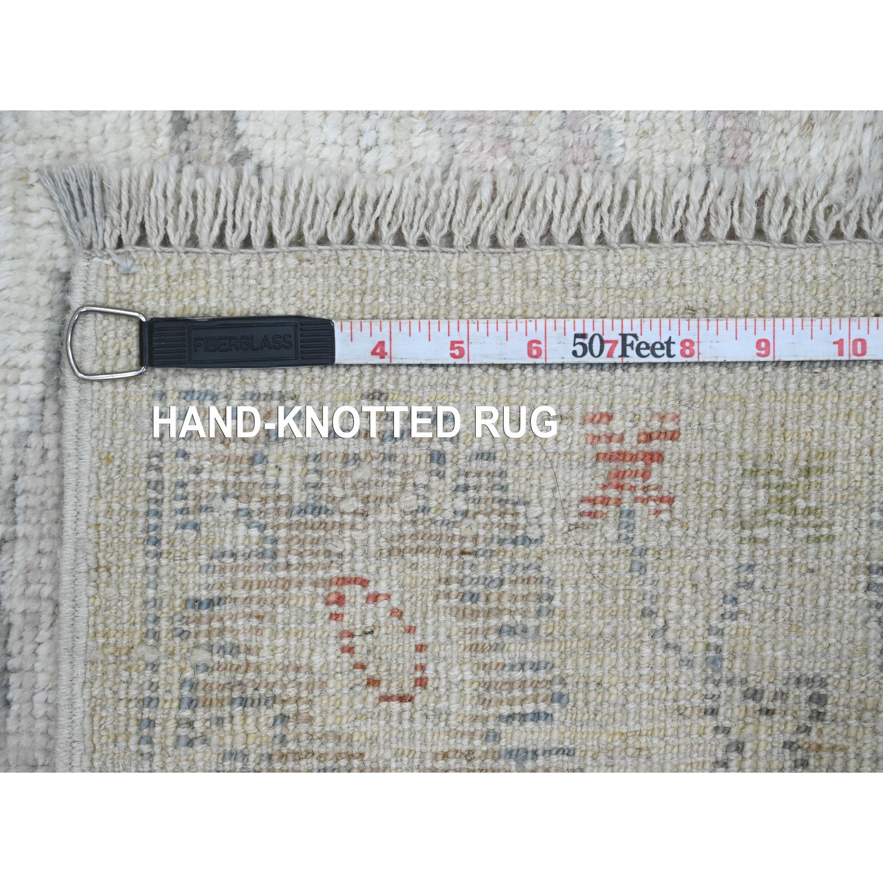 3'1"x22'4" Chiffon White, Afghan Angora Oushak with Muted Colors Leaf Design, Hand Knotted, Vegetable Dyes, 100% Wool, XL Runner, Oriental Rug Sh20408