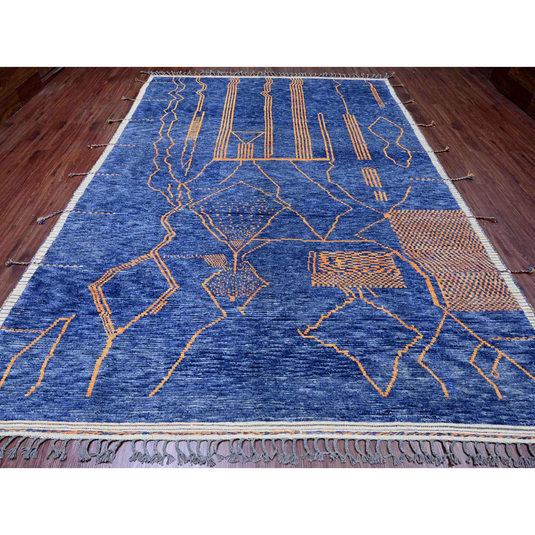 9'x12'5" Cobalt Blue, Moroccan Weave, Arts and Crafts Design with Tassels, Tone on Tone, Hand Knotted, Soft Wool, Textured Pile, Oriental Rug Sh20418