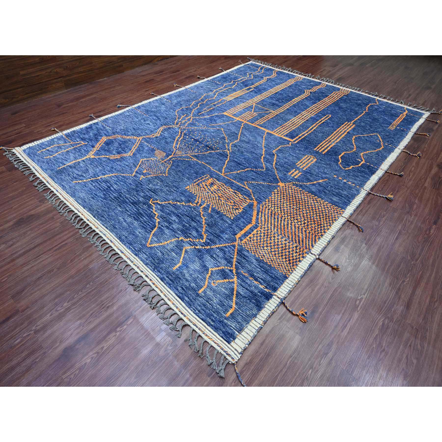 9'x12'5" Cobalt Blue, Moroccan Weave, Arts and Crafts Design with Tassels, Tone on Tone, Hand Knotted, Soft Wool, Textured Pile, Oriental Rug Sh20418