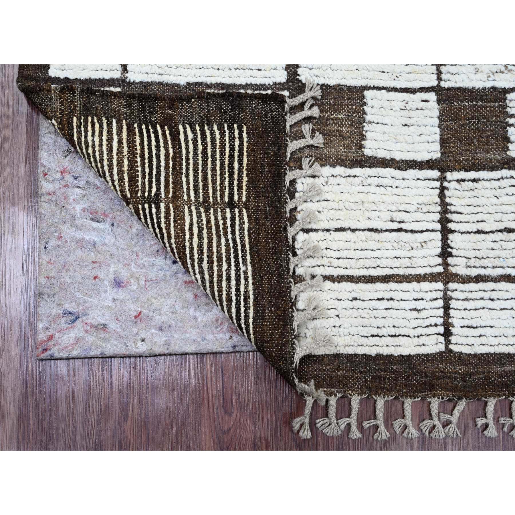 6'4"x9' Chocolate Brown, Moroccan Weave with Checkerboard Design, Soft Wool, Tone on Tone, Hand Knotted, Textured Pile, Oriental Rug Sh20421