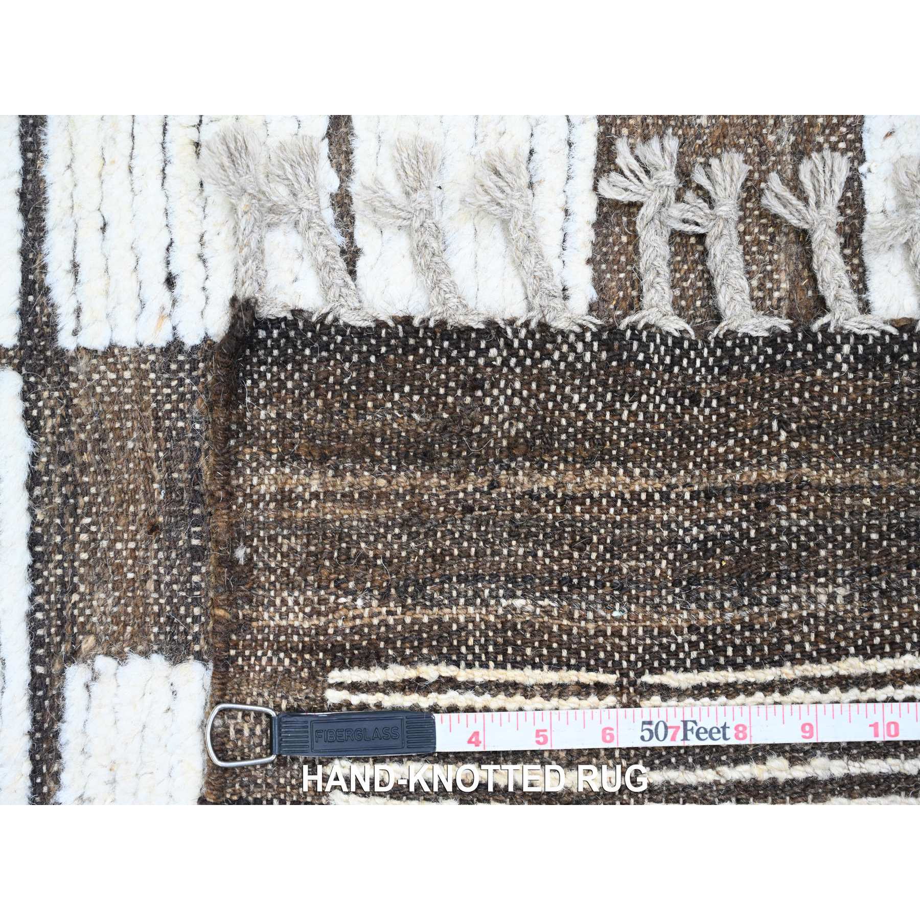 6'4"x9' Chocolate Brown, Moroccan Weave with Checkerboard Design, Soft Wool, Tone on Tone, Hand Knotted, Textured Pile, Oriental Rug Sh20421