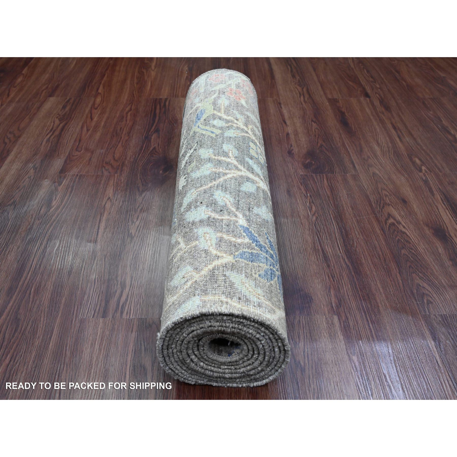 2'8"x11'9" Coffee Brown, Soft Wool, Afghan Peshawar with Birds of Paradise Design, Hand Knotted, Natural Dyes, Runner, Oriental Rug Sh20424