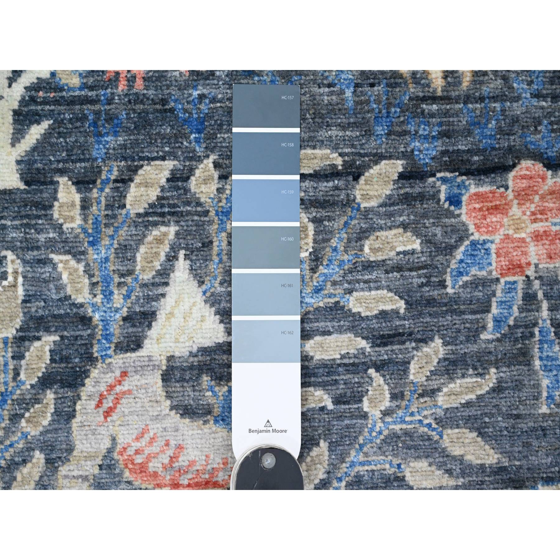 2'8"x16' Denim Blue, Afghan Peshawar with Birds of Paradise Design, Vegetable Dyes, Hand Knotted, Soft and Shiny Wool, Runner, Oriental Rug Sh20425