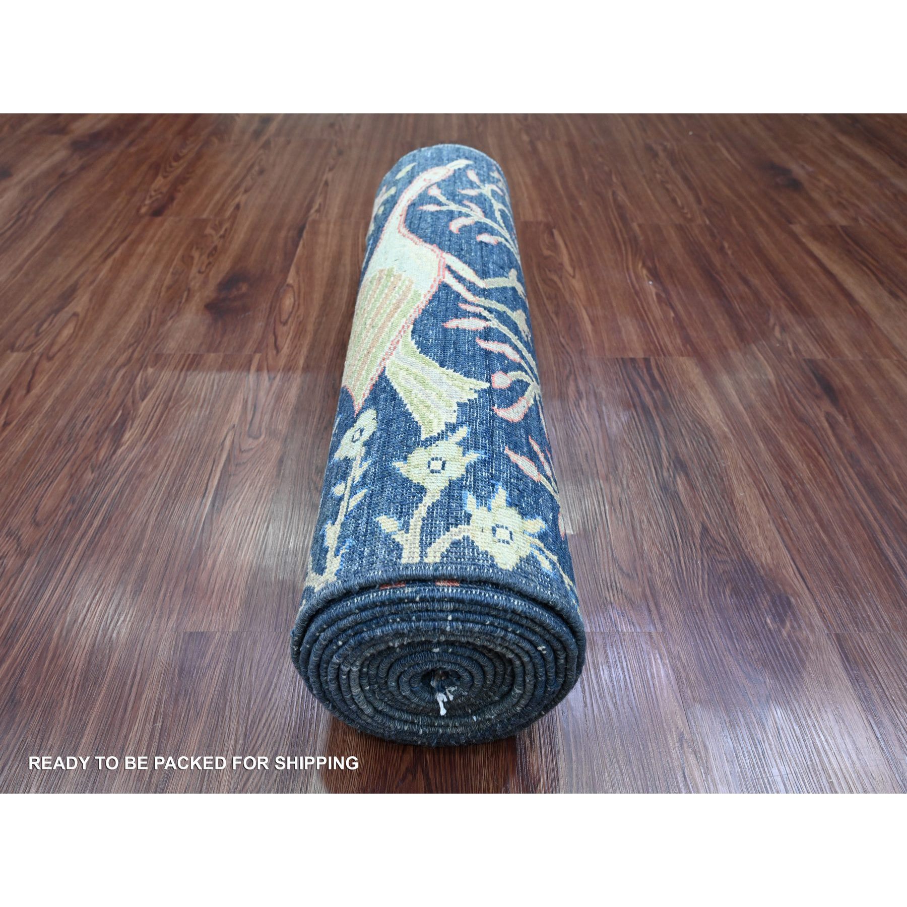 2'8"x16' Denim Blue, Afghan Peshawar with Birds of Paradise Design, Vegetable Dyes, Hand Knotted, Soft and Shiny Wool, Runner, Oriental Rug Sh20425