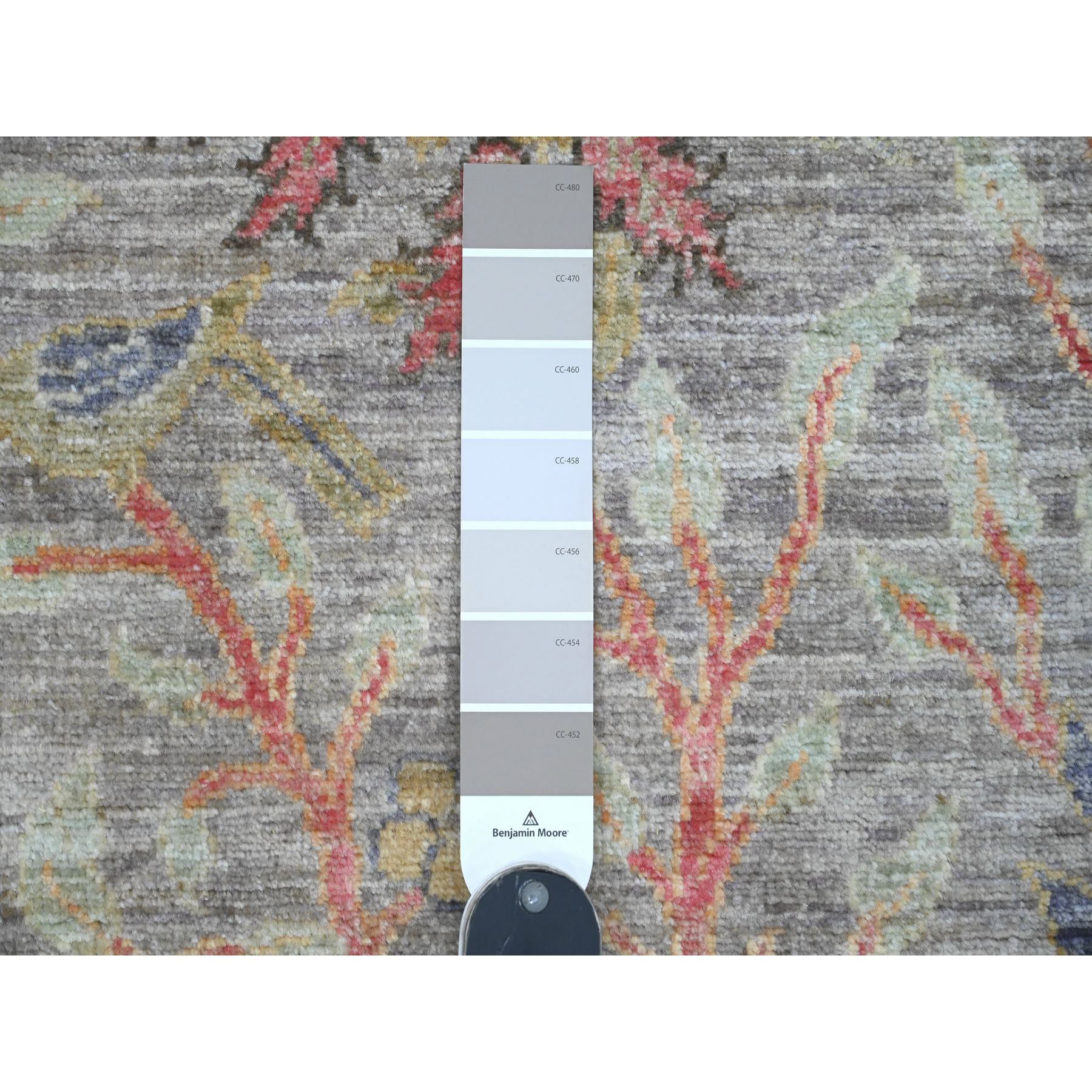 2'7"x9'9" Cloud Gray, Afghan Peshawar with Birds of Paradise Design, Pure Wool, Hand Knotted, Veggie Dyes, Runner, Oriental Rug Sh20426