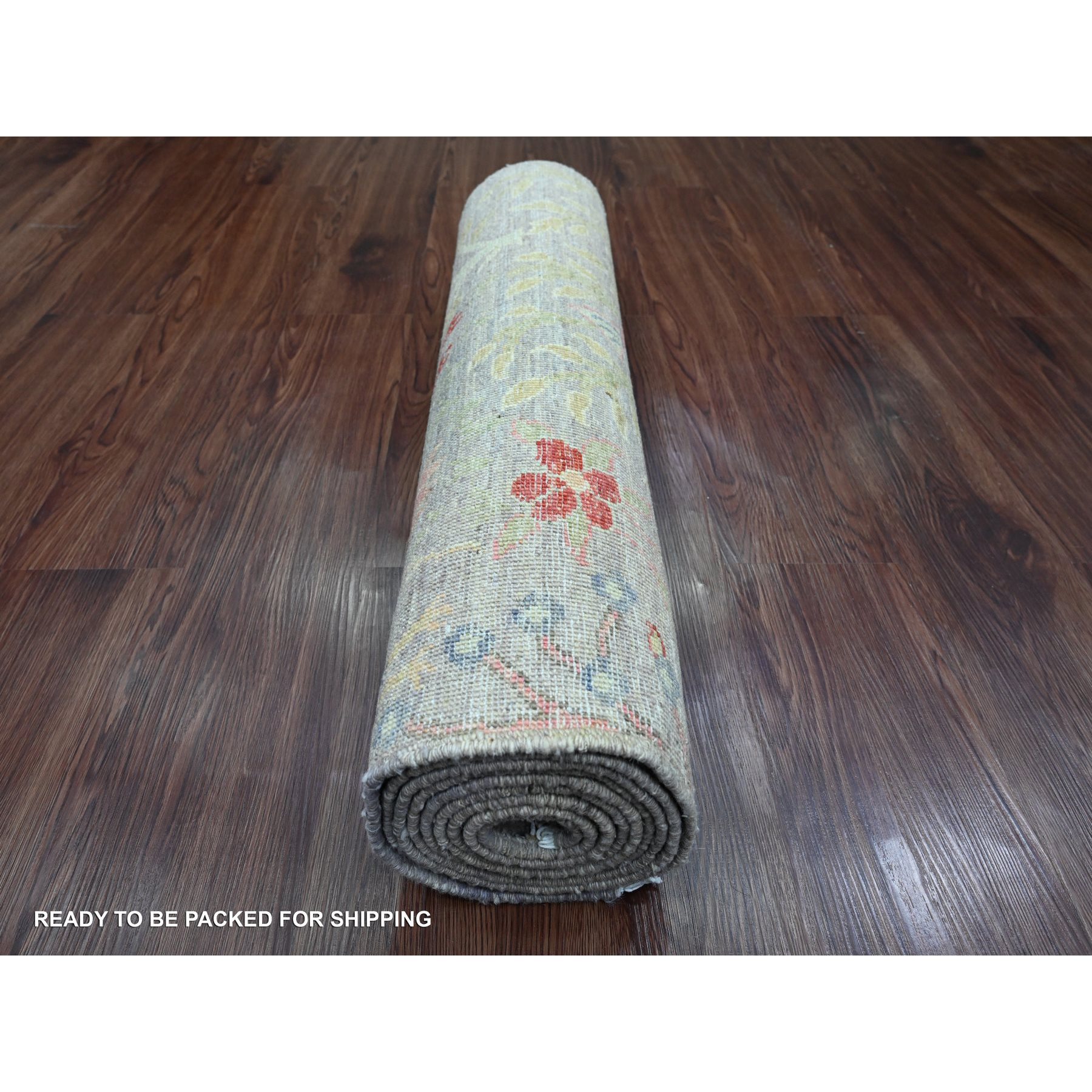 2'7"x9'9" Cloud Gray, Afghan Peshawar with Birds of Paradise Design, Pure Wool, Hand Knotted, Veggie Dyes, Runner, Oriental Rug Sh20426