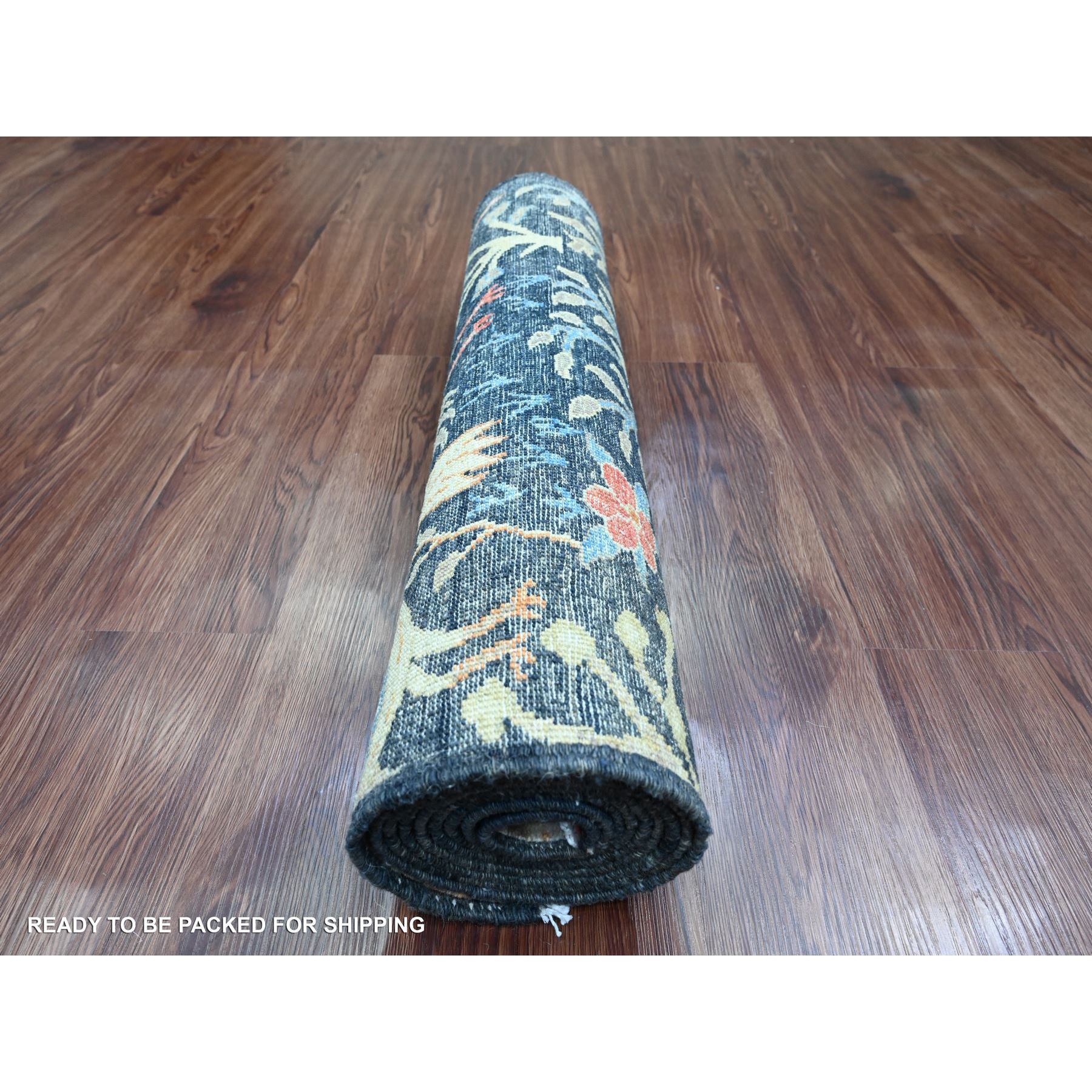 2'7"x9'8" Yale Blue, Hand Knotted, Afghan Peshawar with Birds of Paradise Design, Soft Wool, Natural Dyes, Runner, Oriental Rug Sh20427
