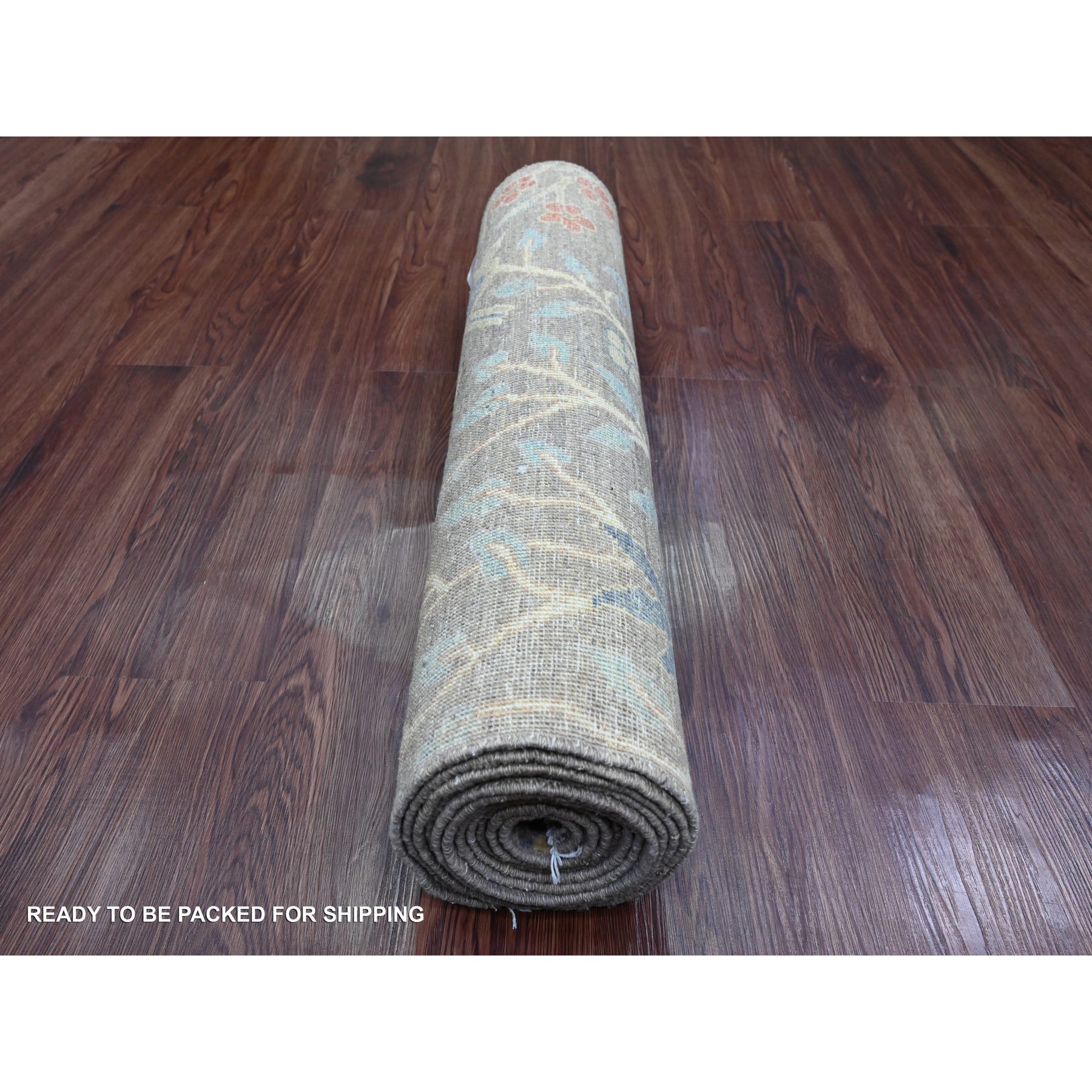 2'8"x11'10" Beaver Brown, Afghan Peshawar with Birds of Paradise Design, Hand Knotted, Soft Wool, Vegetable Dyes, Runner, Oriental Rug Sh20428