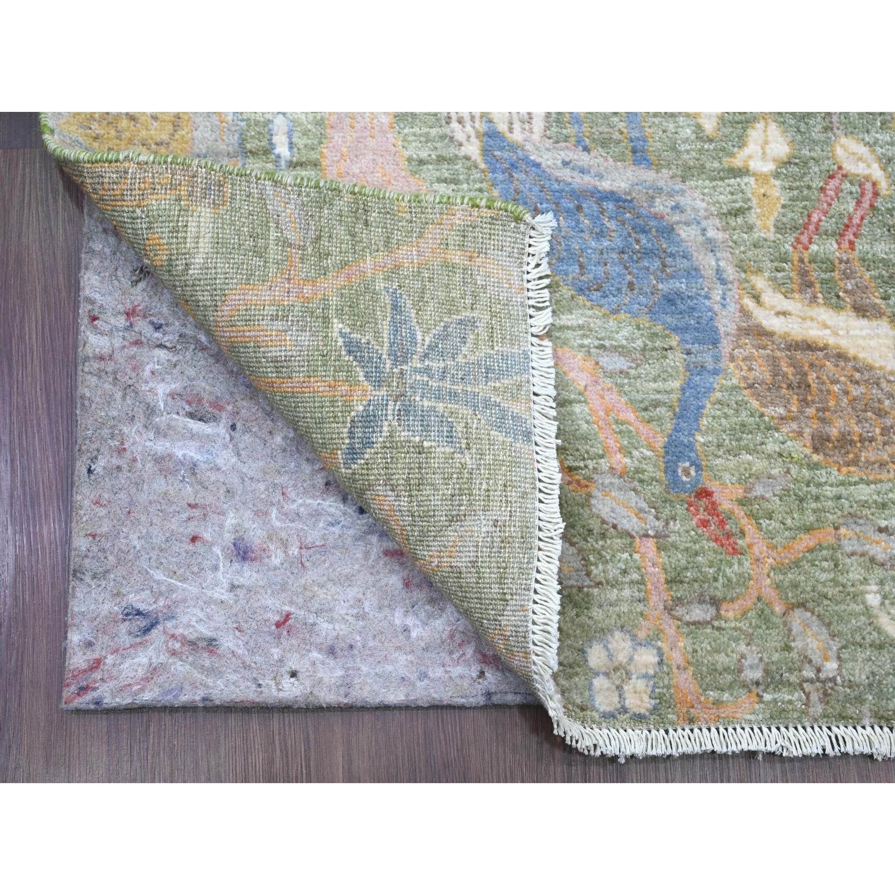 2'7"x19'9" Sea Green, Soft Wool, Afghan Peshawar with Birds of Paradise Design, Hand Knotted, Natural Dyes, XL Runner, Oriental Rug Sh20431