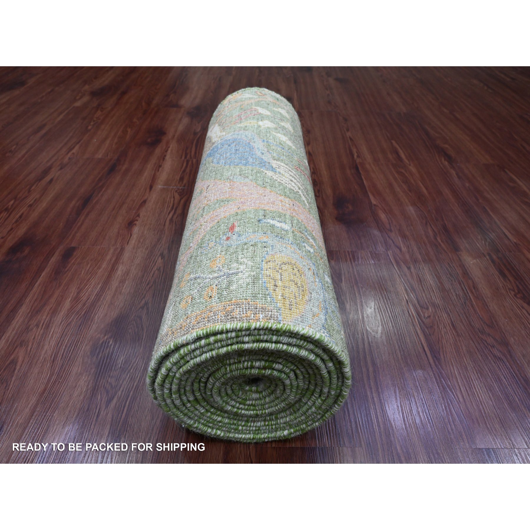 2'7"x19'9" Sea Green, Soft Wool, Afghan Peshawar with Birds of Paradise Design, Hand Knotted, Natural Dyes, XL Runner, Oriental Rug Sh20431