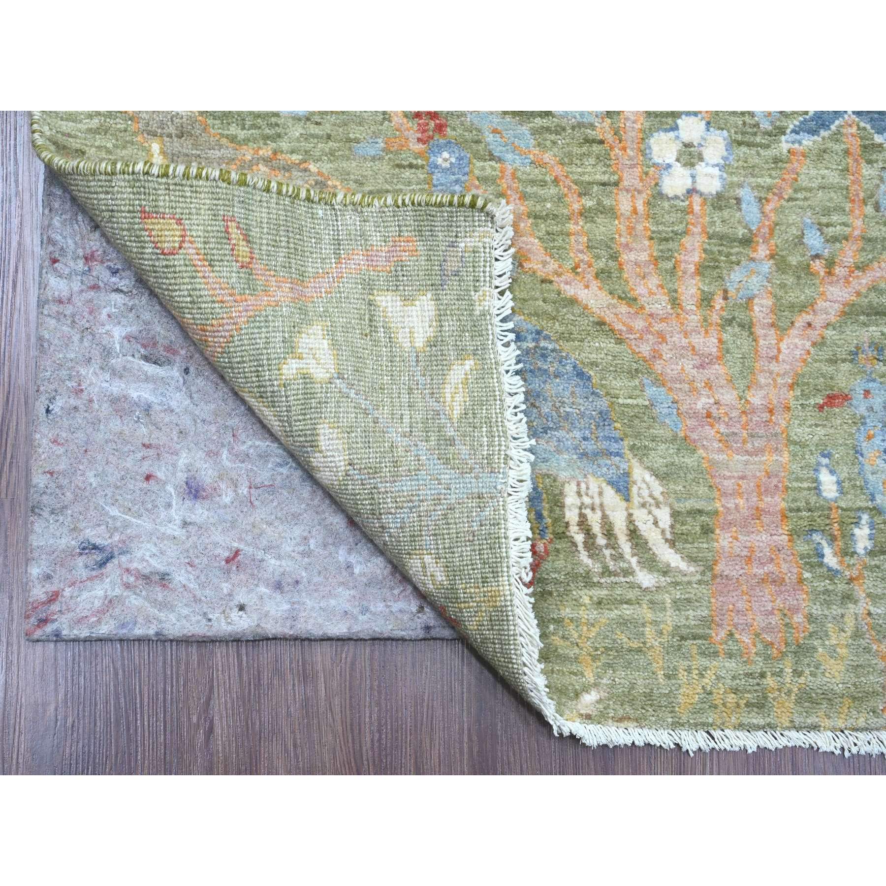 2'7"x15'1" Pickle Green, Soft Wool, Afghan Peshawar with Birds of Paradise Design, Hand Knotted, Natural Dyes, XL Runner, Oriental Rug Sh20433