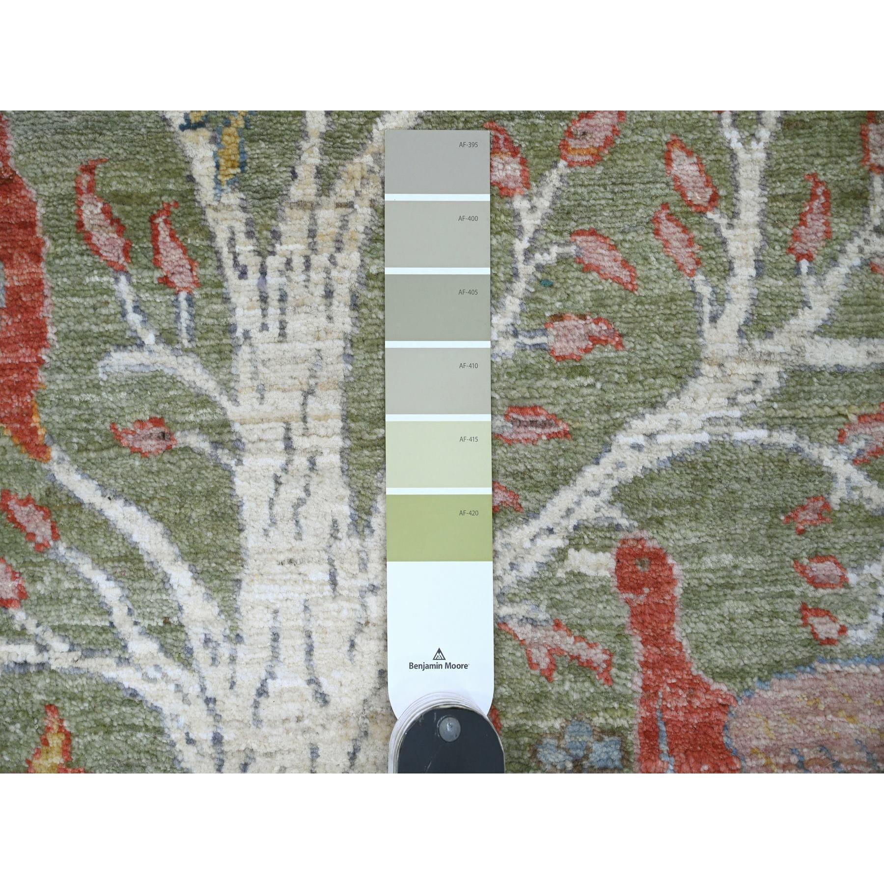 2'7"x15'1" Pickle Green, Soft Wool, Afghan Peshawar with Birds of Paradise Design, Hand Knotted, Natural Dyes, XL Runner, Oriental Rug Sh20433