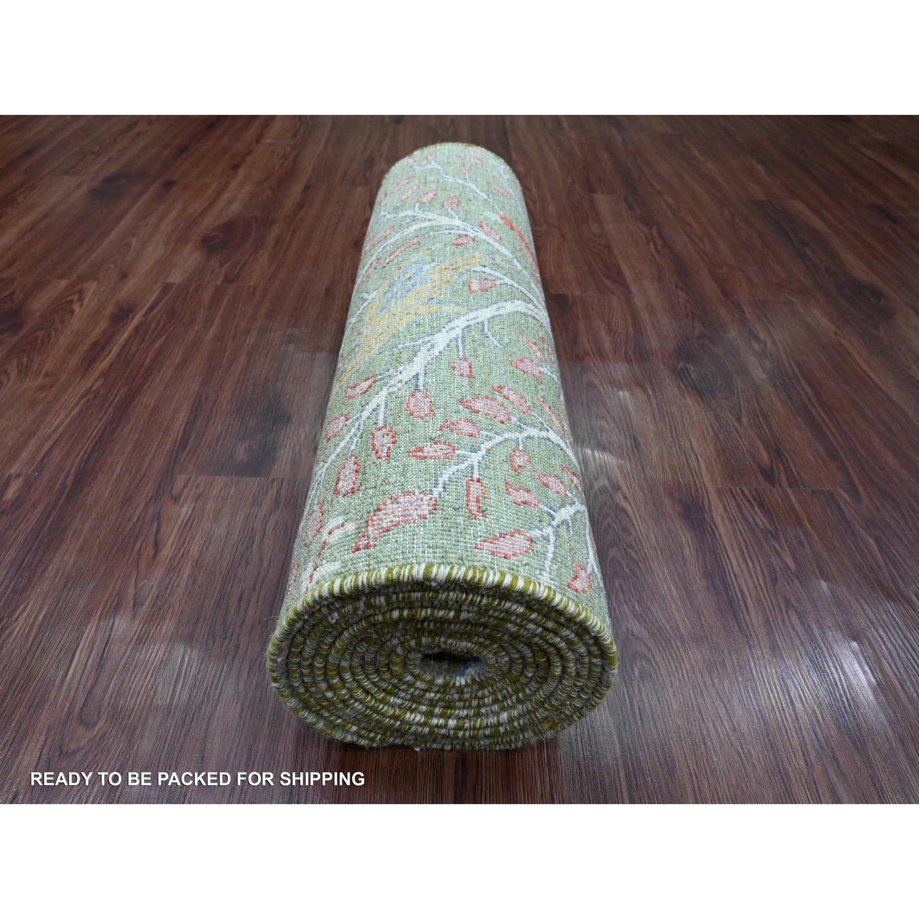 2'7"x15'1" Pickle Green, Soft Wool, Afghan Peshawar with Birds of Paradise Design, Hand Knotted, Natural Dyes, XL Runner, Oriental Rug Sh20433