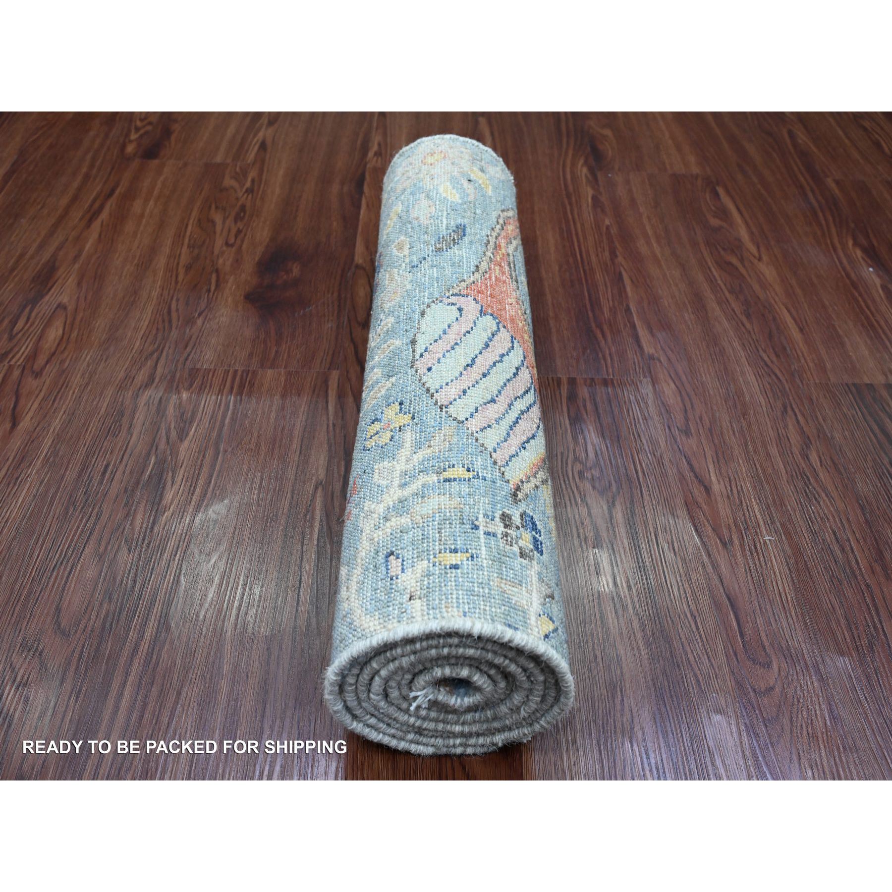 2'2"x6'3" Cerulean Blue, Afghan Peshawar with Birds of Paradise Design, 100% Wool, Veggie Dyes, Hand Knotted, Narrow Runner, Oriental Rug Sh20434