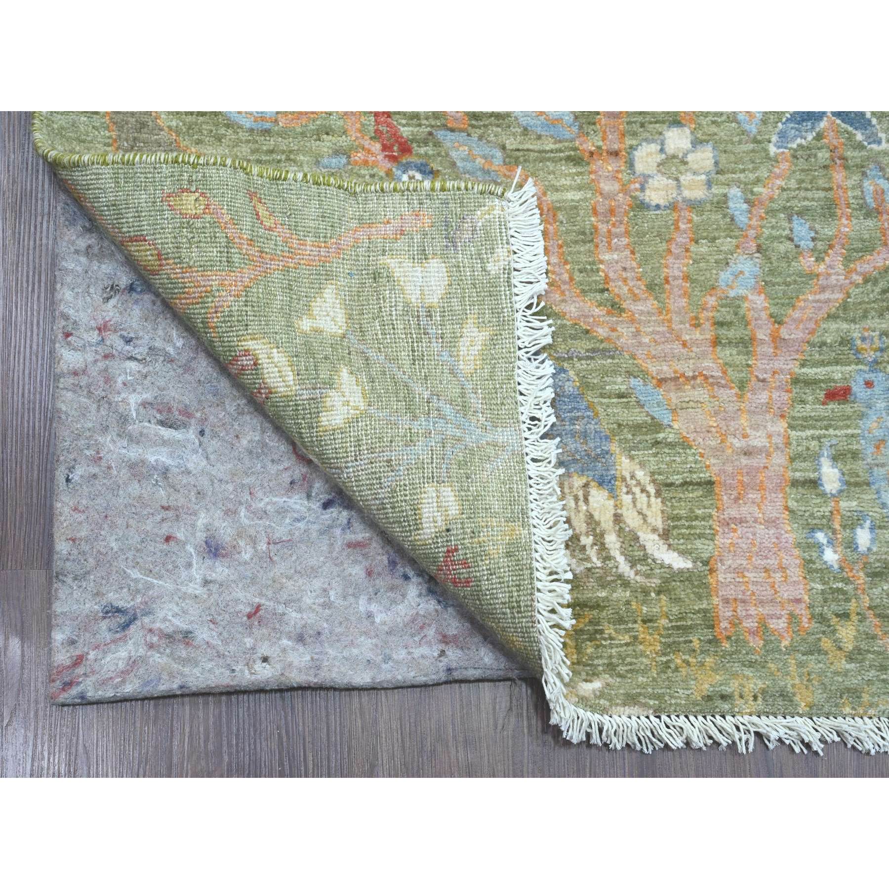 2'7"x15'2" Pickle Green, Afghan Peshawar with Birds of Paradise Design, Hand Knotted, Soft Wool, Vegetable Dyes, XL Runner, Oriental Rug Sh20436