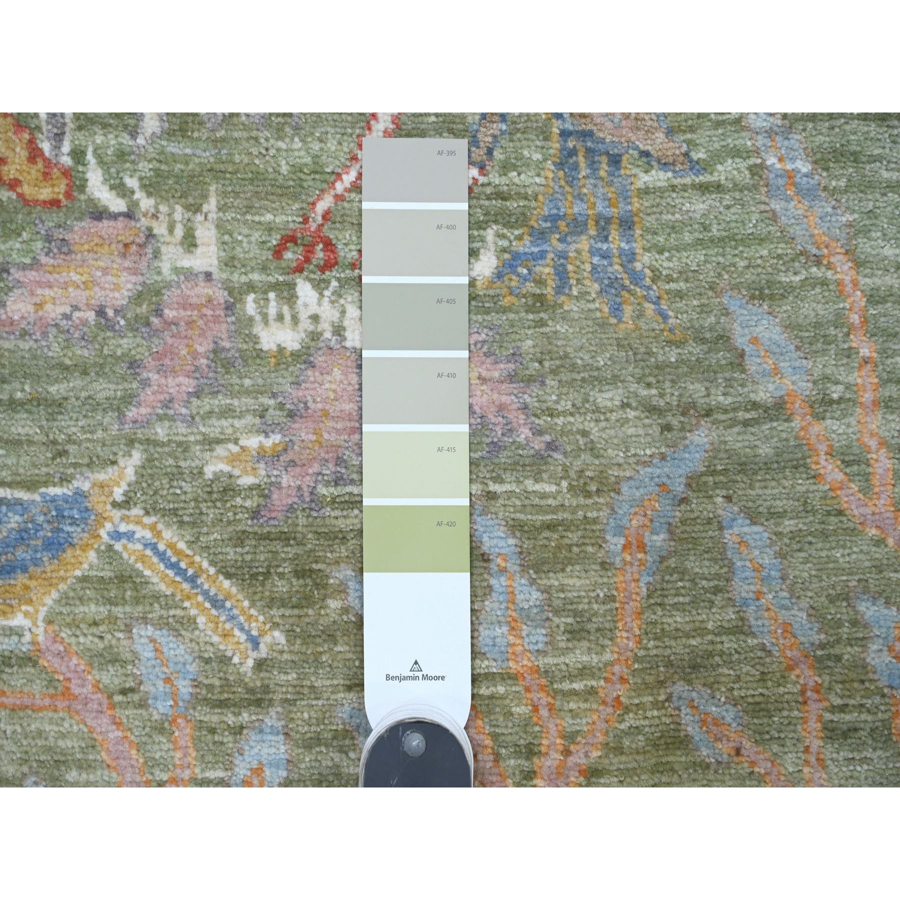 2'7"x15'2" Pickle Green, Afghan Peshawar with Birds of Paradise Design, Hand Knotted, Soft Wool, Vegetable Dyes, XL Runner, Oriental Rug Sh20436