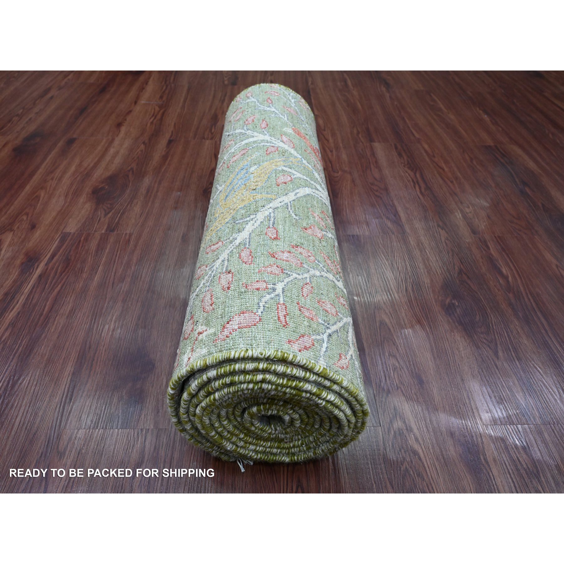 2'7"x15'2" Pickle Green, Afghan Peshawar with Birds of Paradise Design, Hand Knotted, Soft Wool, Vegetable Dyes, XL Runner, Oriental Rug Sh20436