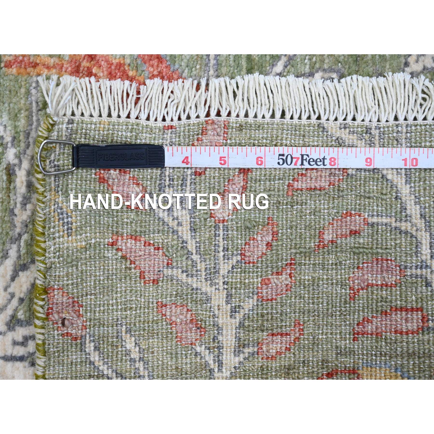 2'7"x15'2" Pickle Green, Afghan Peshawar with Birds of Paradise Design, Hand Knotted, Soft Wool, Vegetable Dyes, XL Runner, Oriental Rug Sh20436