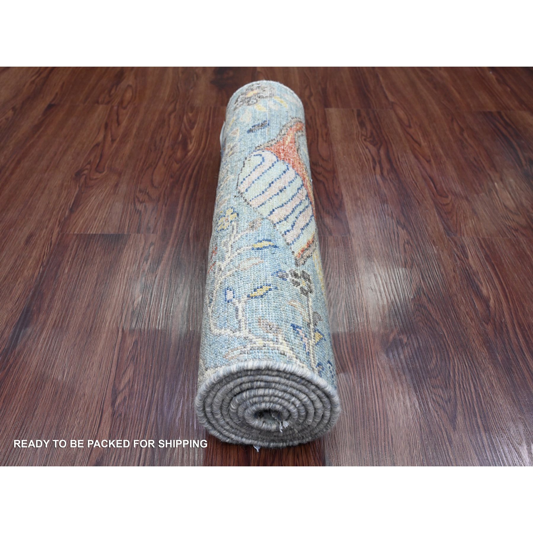 2'x6'1" Carolina Blue, Afghan Peshawar with Birds of Paradise Design, Hand Knotted, Vegetable Dyes, Soft Wool, Narrow Runner, Oriental Rug Sh20437