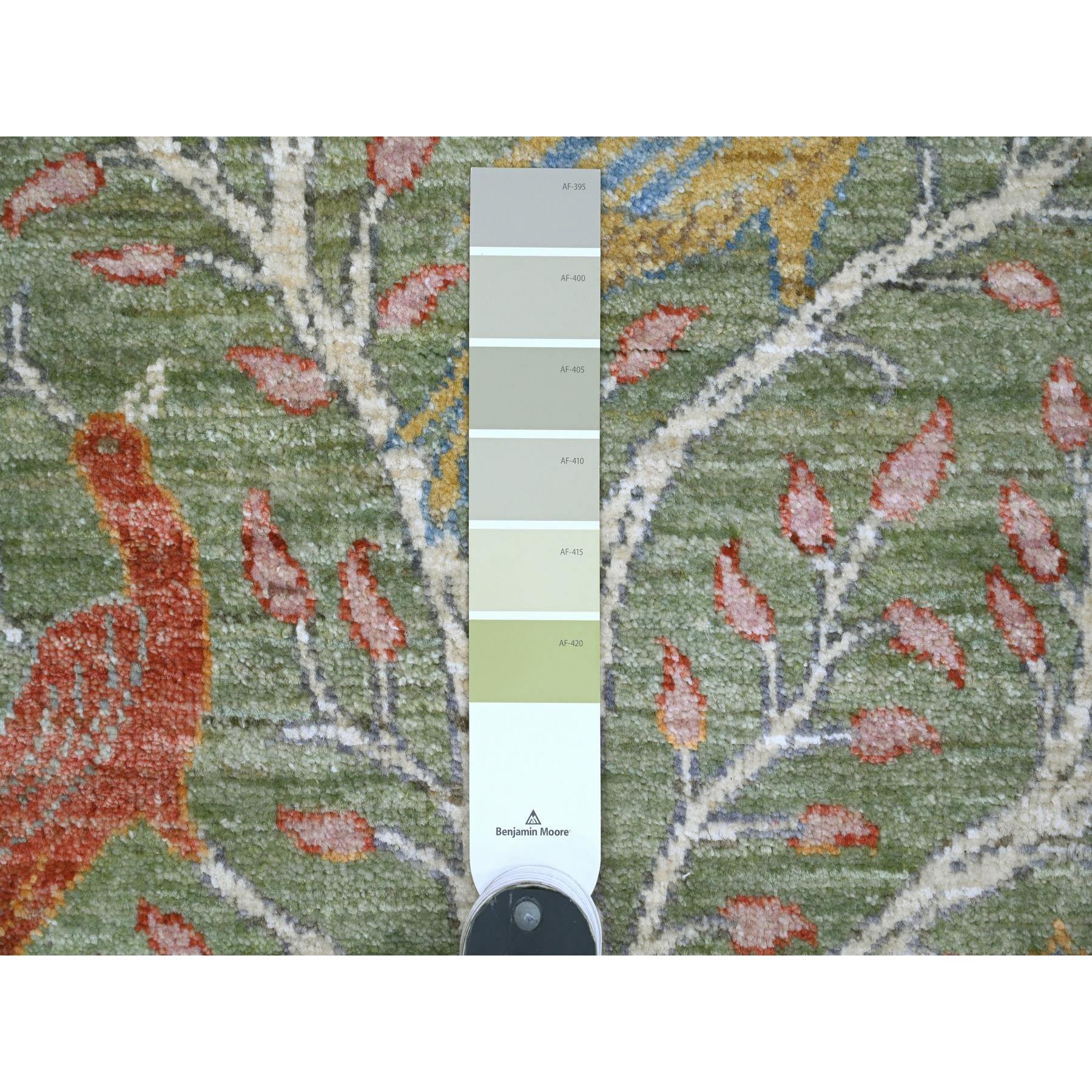 5'2"x7'1" Cadmium Green, Hand Knotted, Afghan Peshawar with Birds of Paradise Design, Soft and Velvety Wool, Vegetable Dyes, Oriental Rug Sh20438