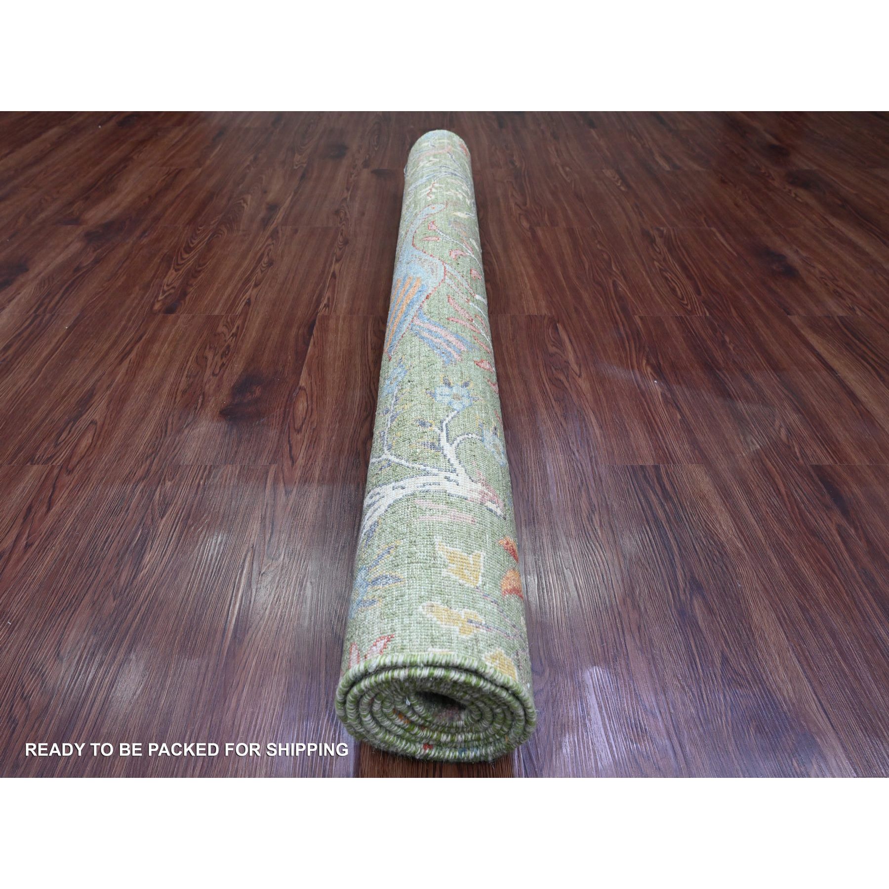 5'2"x7'1" Cadmium Green, Hand Knotted, Afghan Peshawar with Birds of Paradise Design, Soft and Velvety Wool, Vegetable Dyes, Oriental Rug Sh20438