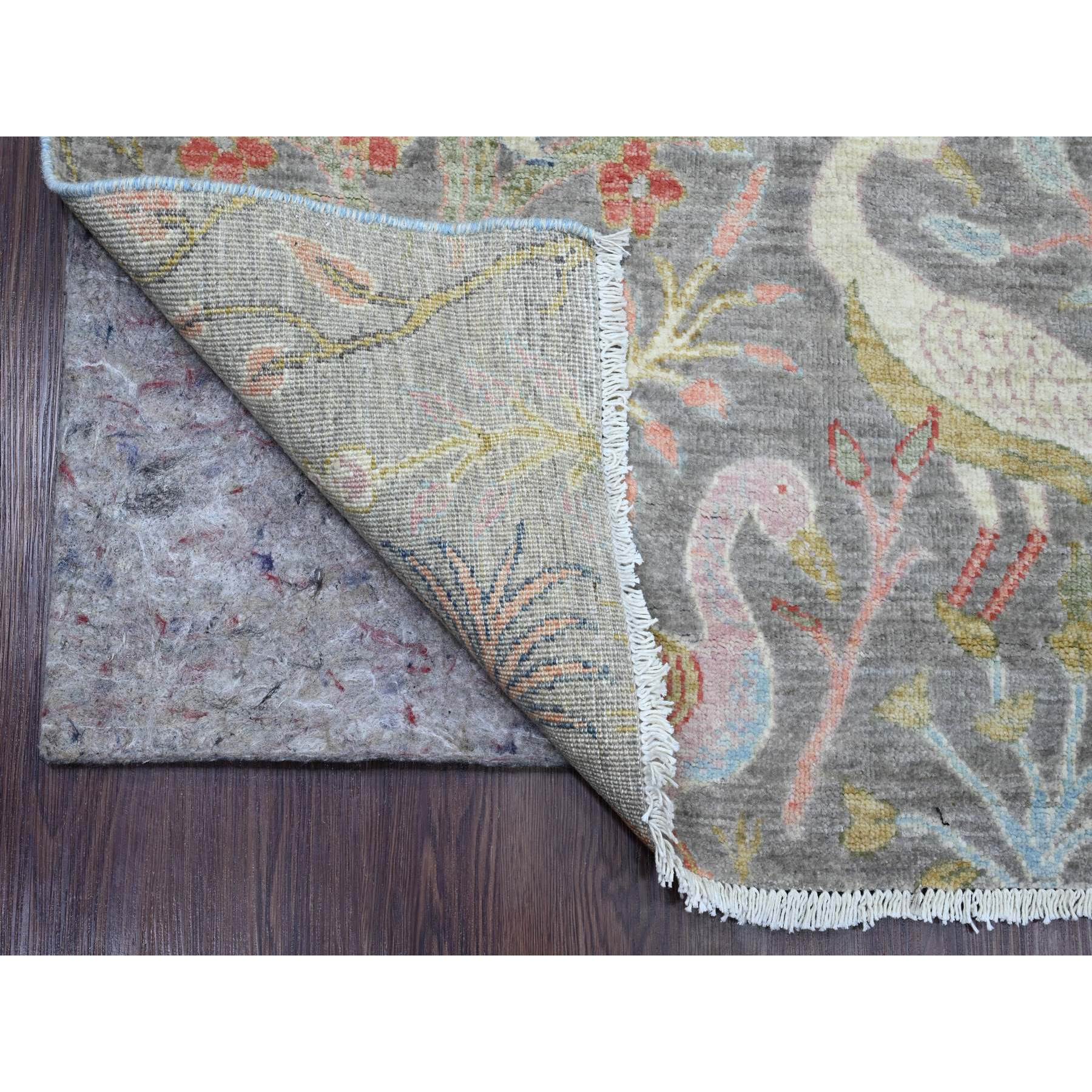 5'1"x12' Sonic Gray, Hand Knotted, Afghan Peshawar with Birds of Paradise Design, Soft Wool, Natural Dyes, Wide Runner, Oriental Rug Sh20441