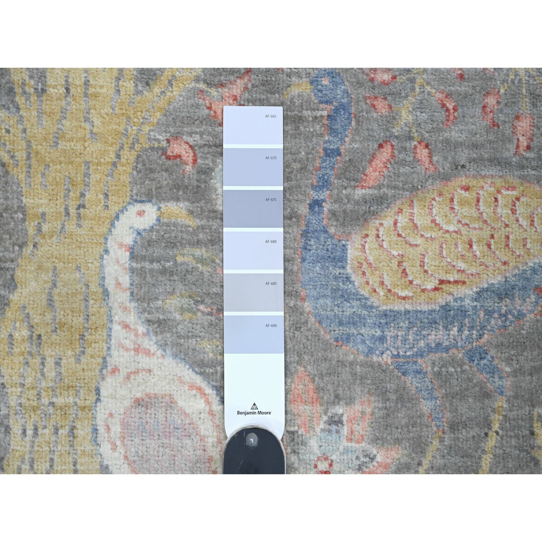 5'1"x12' Sonic Gray, Hand Knotted, Afghan Peshawar with Birds of Paradise Design, Soft Wool, Natural Dyes, Wide Runner, Oriental Rug Sh20441