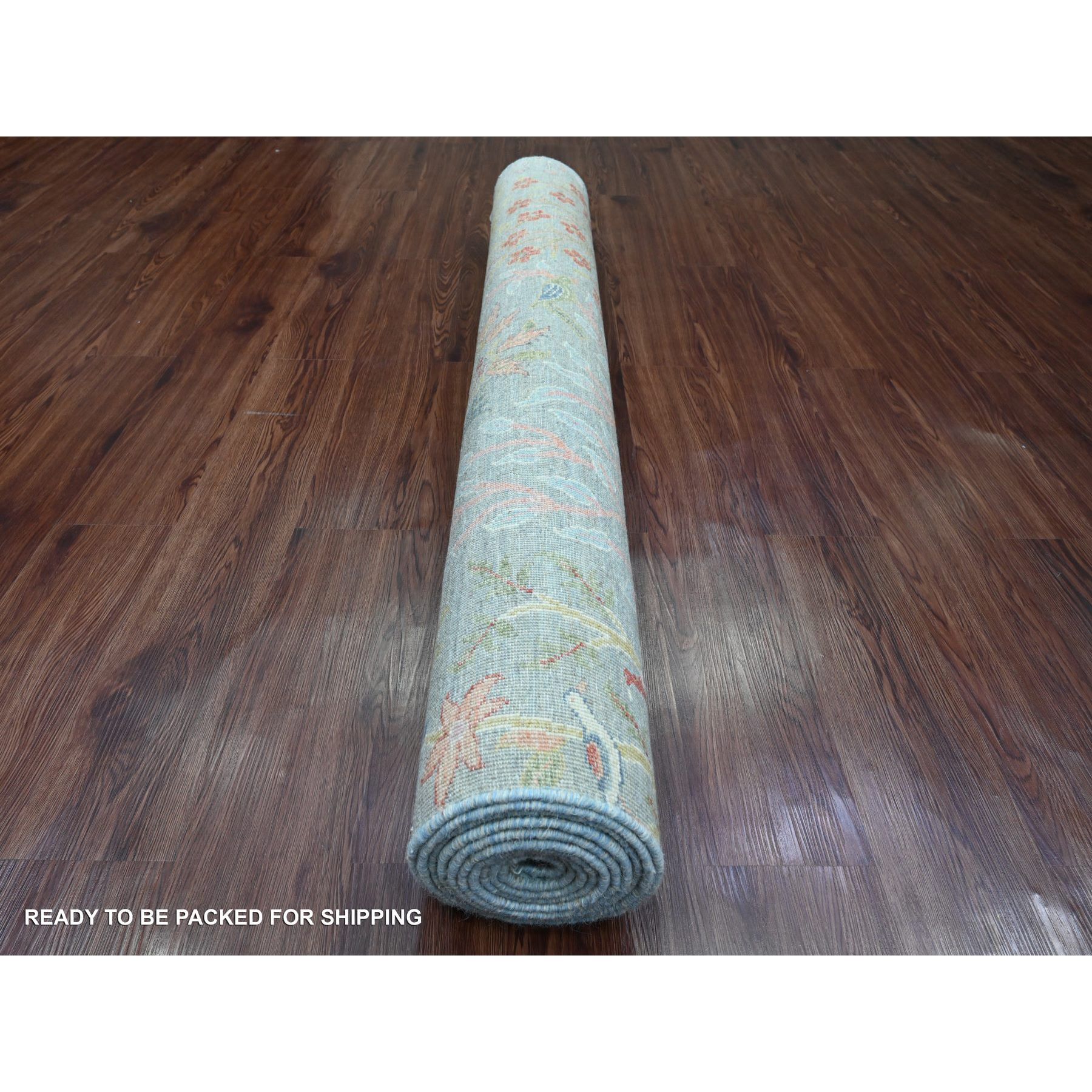 5'1"x12' Sonic Gray, Hand Knotted, Afghan Peshawar with Birds of Paradise Design, Soft Wool, Natural Dyes, Wide Runner, Oriental Rug Sh20441