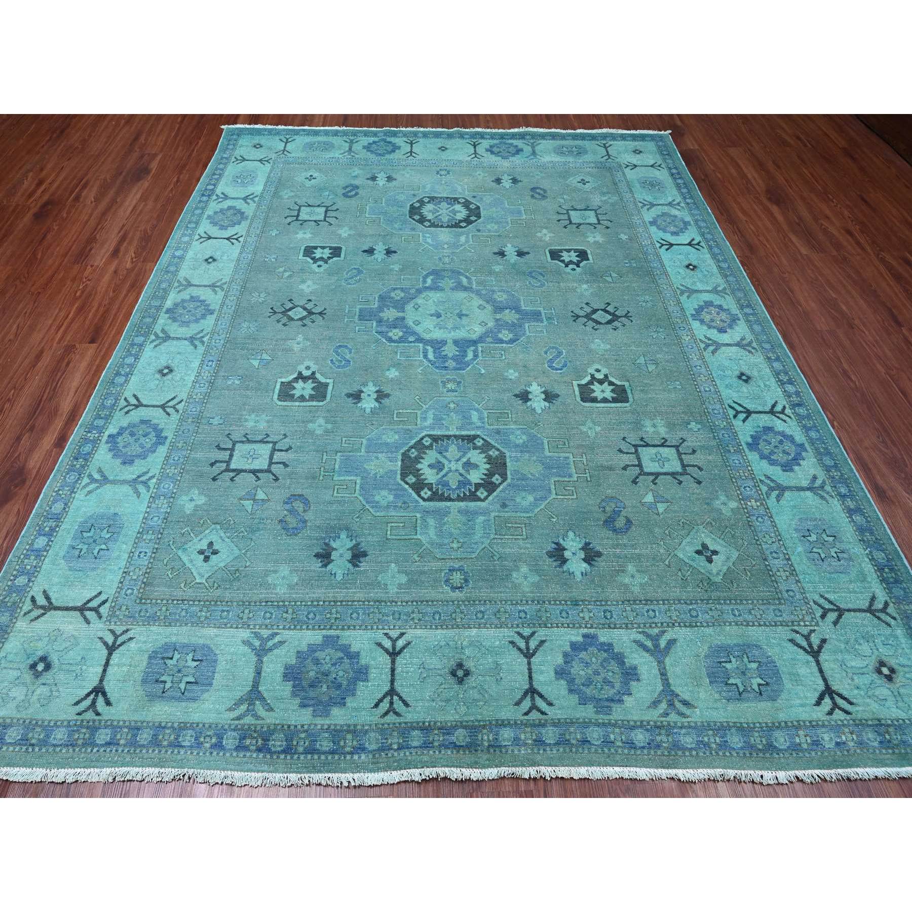 7'9"x9'6" Sapphire Blue, Overdyed Kazak with Tribal Medallion Design, Hand Knotted, 100% Wool, Oriental Rug Sh20449