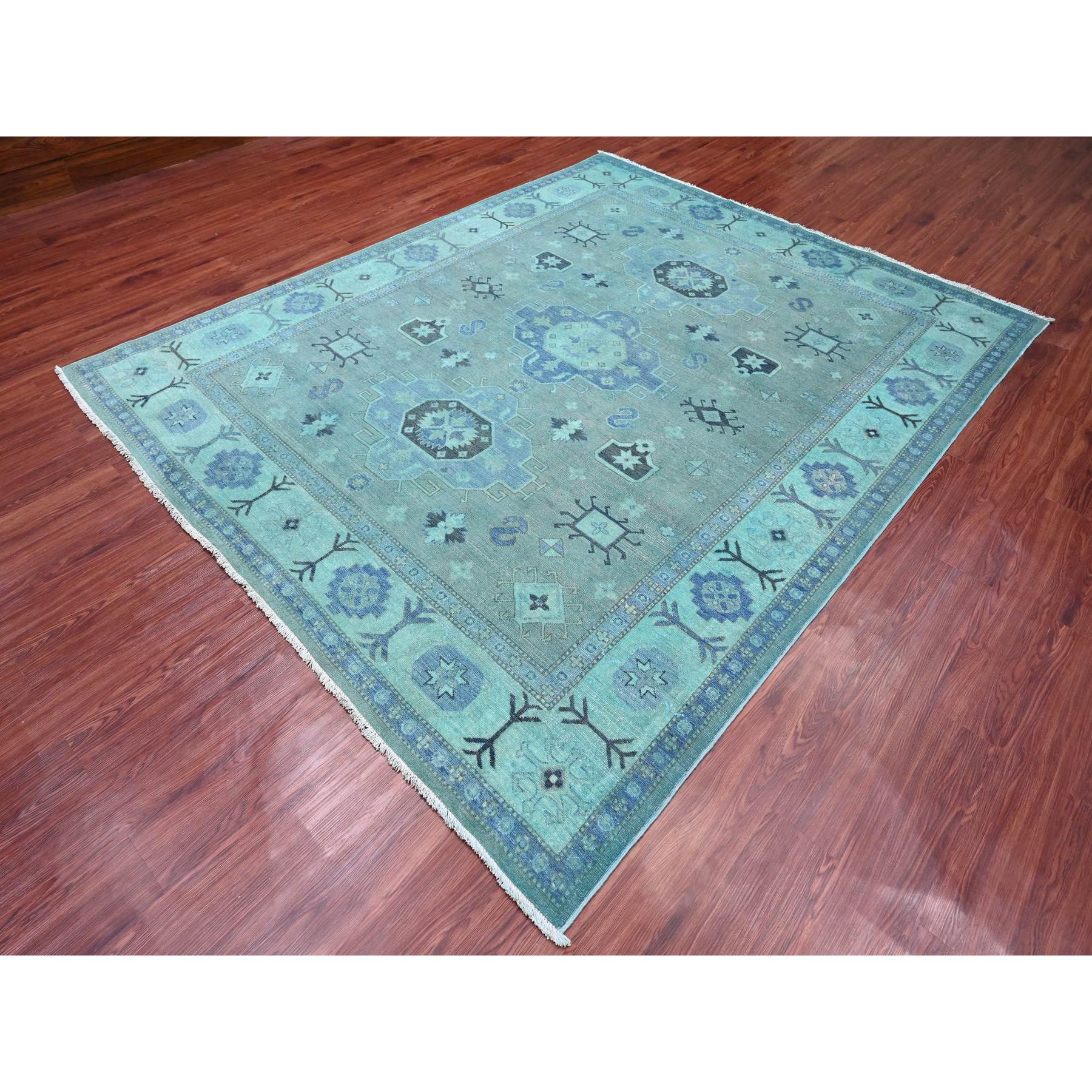7'9"x9'6" Sapphire Blue, Overdyed Kazak with Tribal Medallion Design, Hand Knotted, 100% Wool, Oriental Rug Sh20449