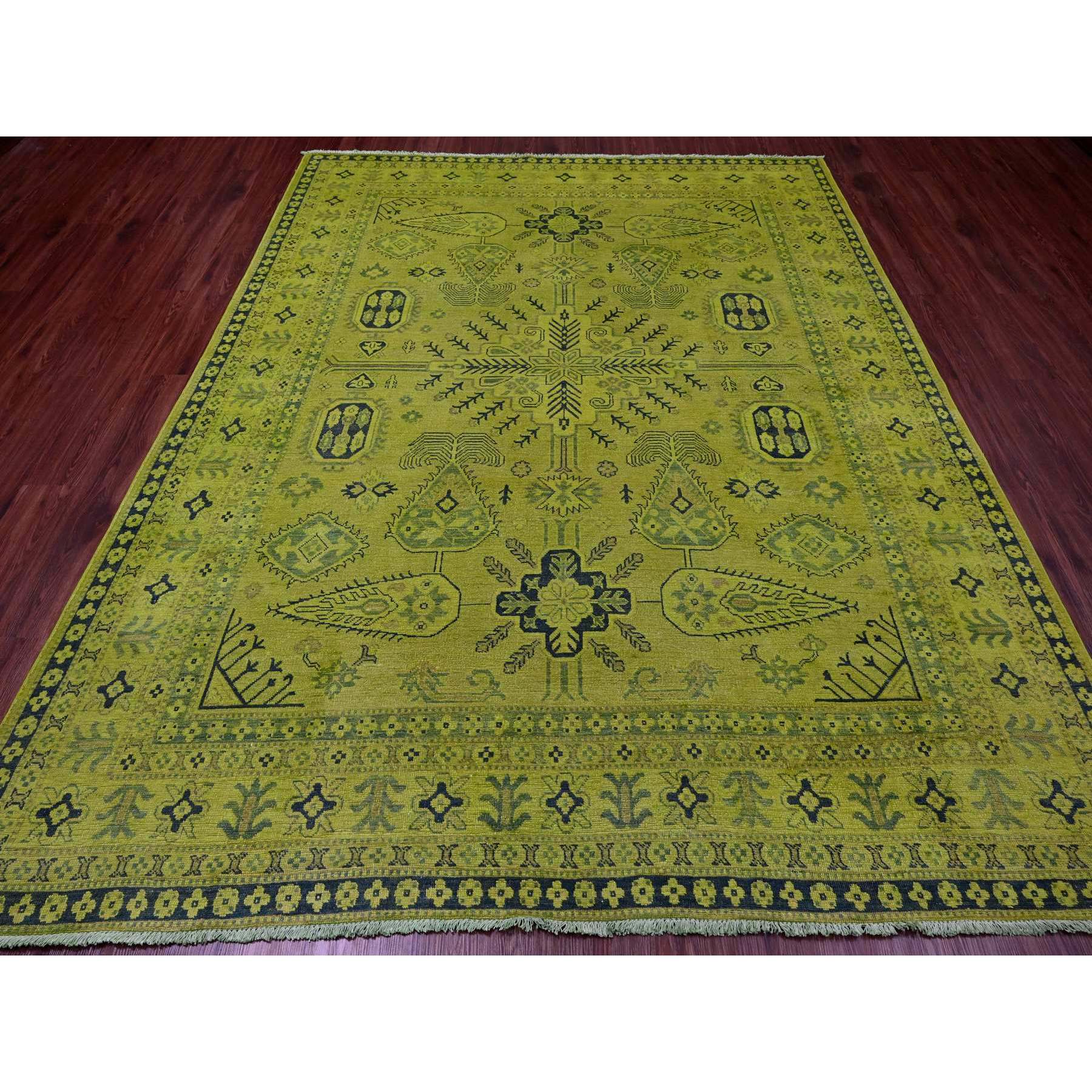 7'9"x9'8" Lime Green, Overdyed Kazak with All Over Geometric Pattern, Hand Knotted, 100% Wool, Oriental Rug Sh20450