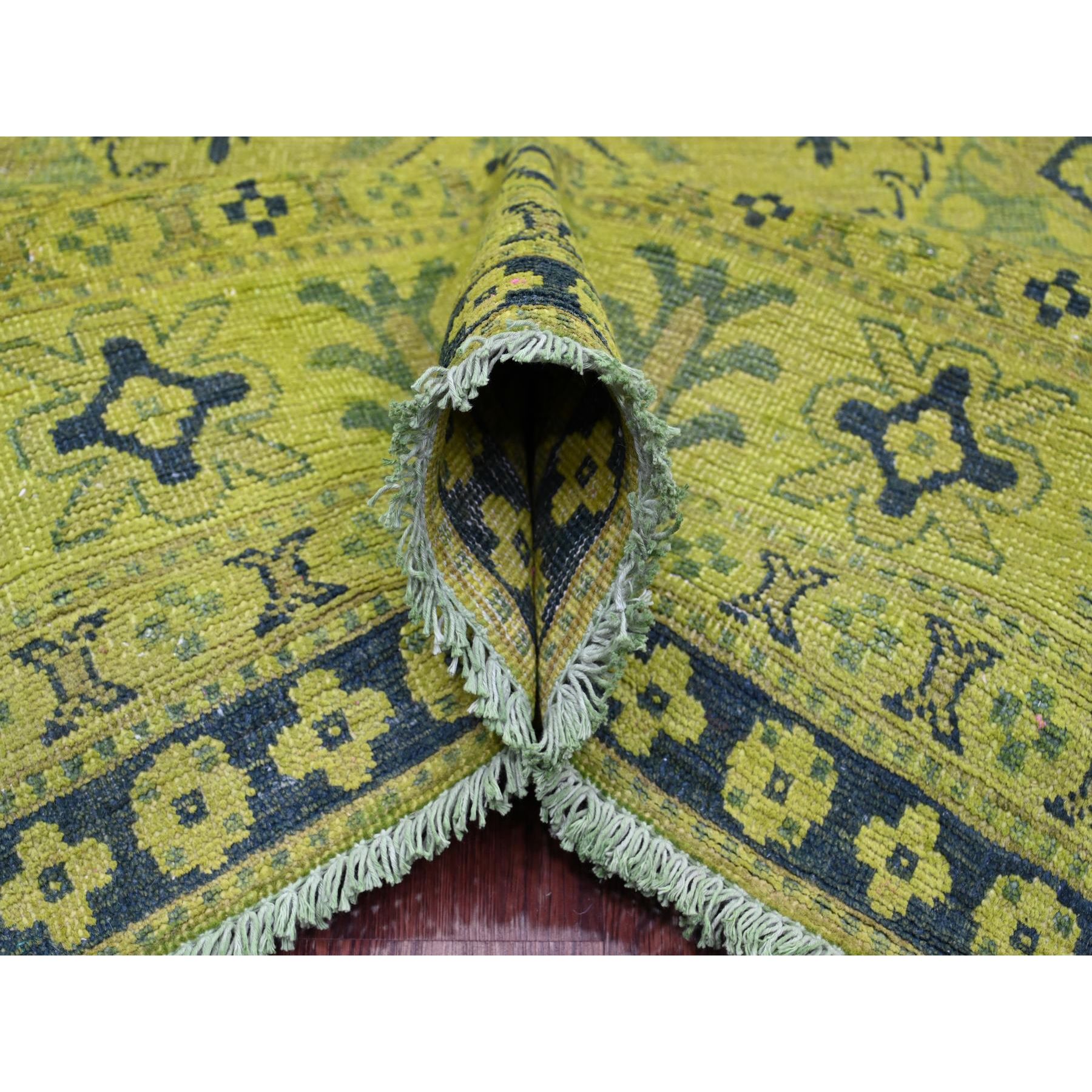 7'9"x9'8" Lime Green, Overdyed Kazak with All Over Geometric Pattern, Hand Knotted, 100% Wool, Oriental Rug Sh20450