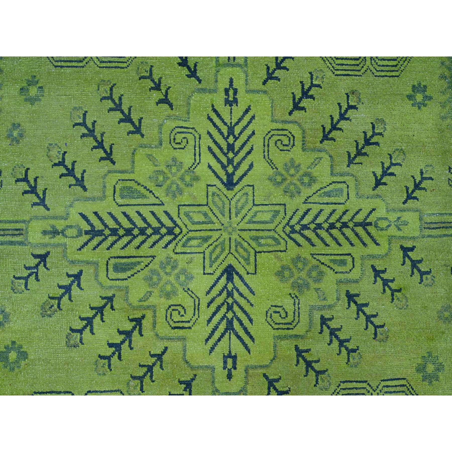 7'9"x9'8" Lime Green, Overdyed Kazak with All Over Geometric Pattern, Hand Knotted, 100% Wool, Oriental Rug Sh20450