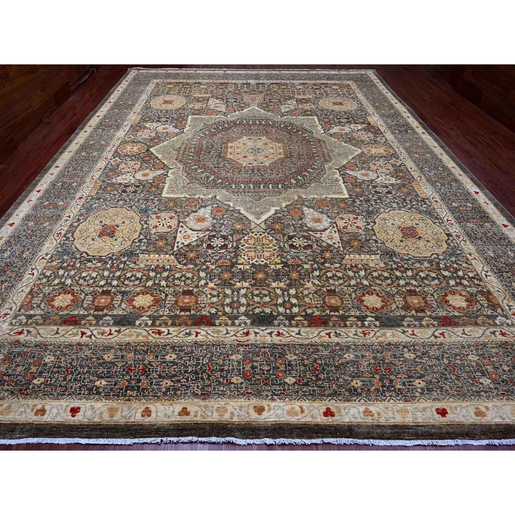 12'2"x16' Mocha Brown, 14th Century Mamluk Dynasty Pattern with Large Medallion Design, Hand Knotted, High Mountain Wool, Natural Dyes, Oversized, Oriental Rug Sh20452