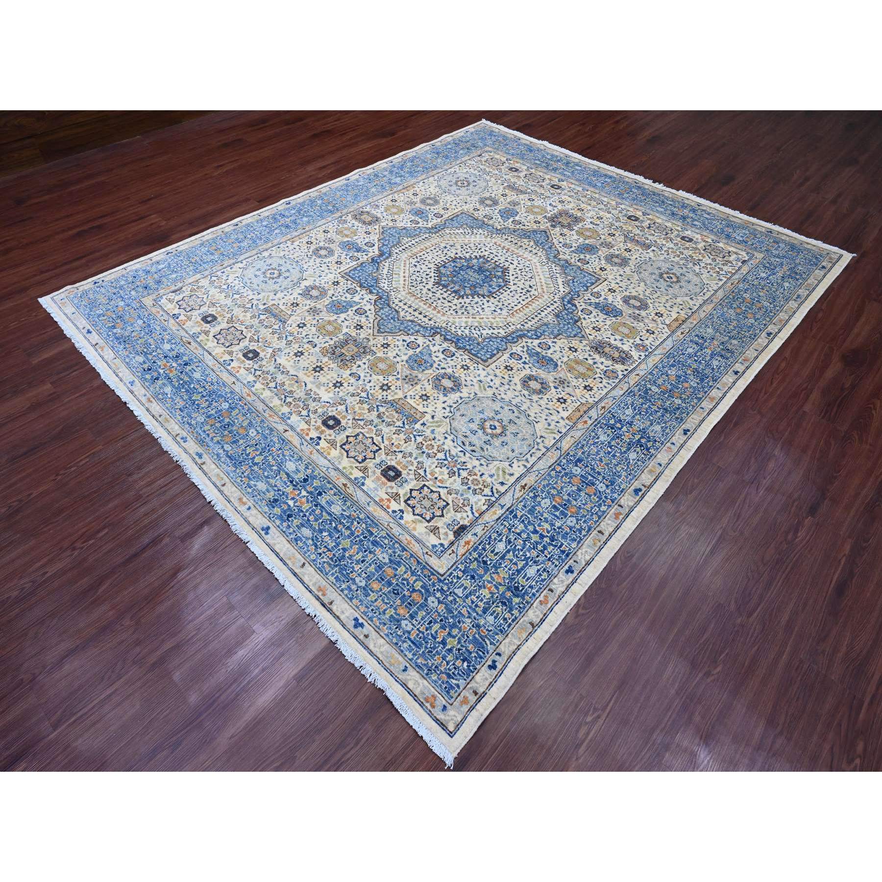 8'1"x9'8" Pristine White, 14th Century Mamluk Dynasty Pattern with Star Medallion Design, High Mountain Wool, Hand Knotted, Veggie Dyes, Oriental Rug Sh20453