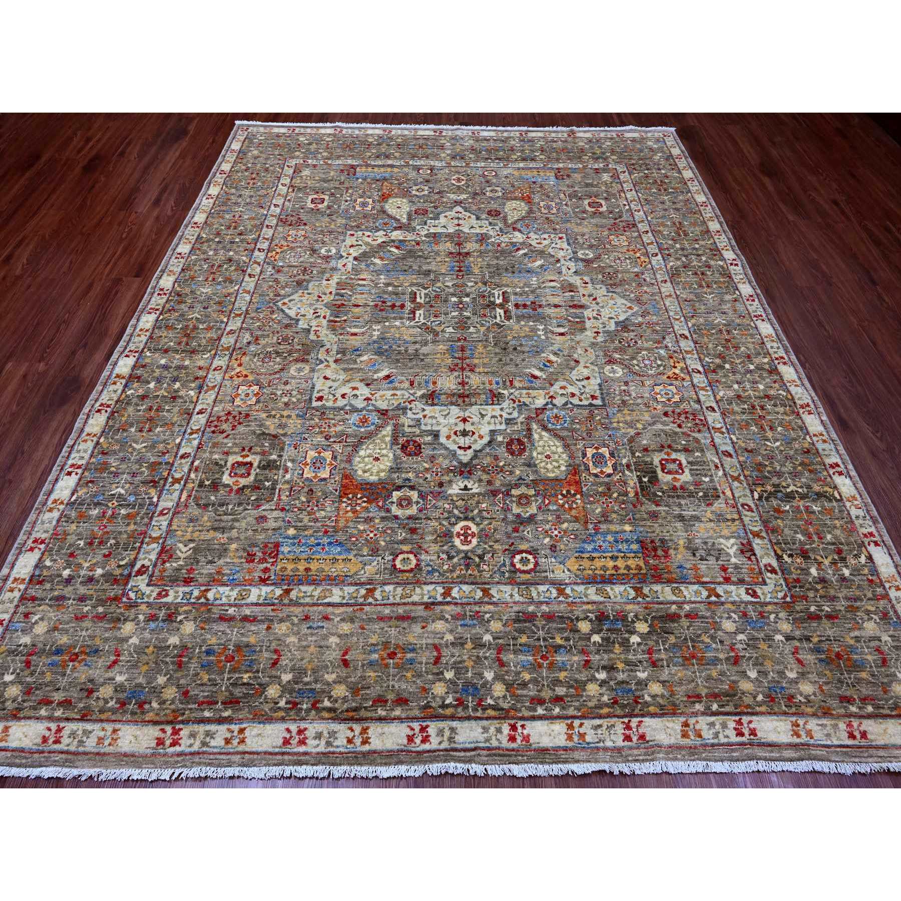 7'10"x9'6" Coffee Brown, 14th Century Mamluk Dynasty Pattern with Geometric Medallion Design, High Mountain Wool, Hand Knotted, Vegetable Dyes, Oriental Rug Sh20454