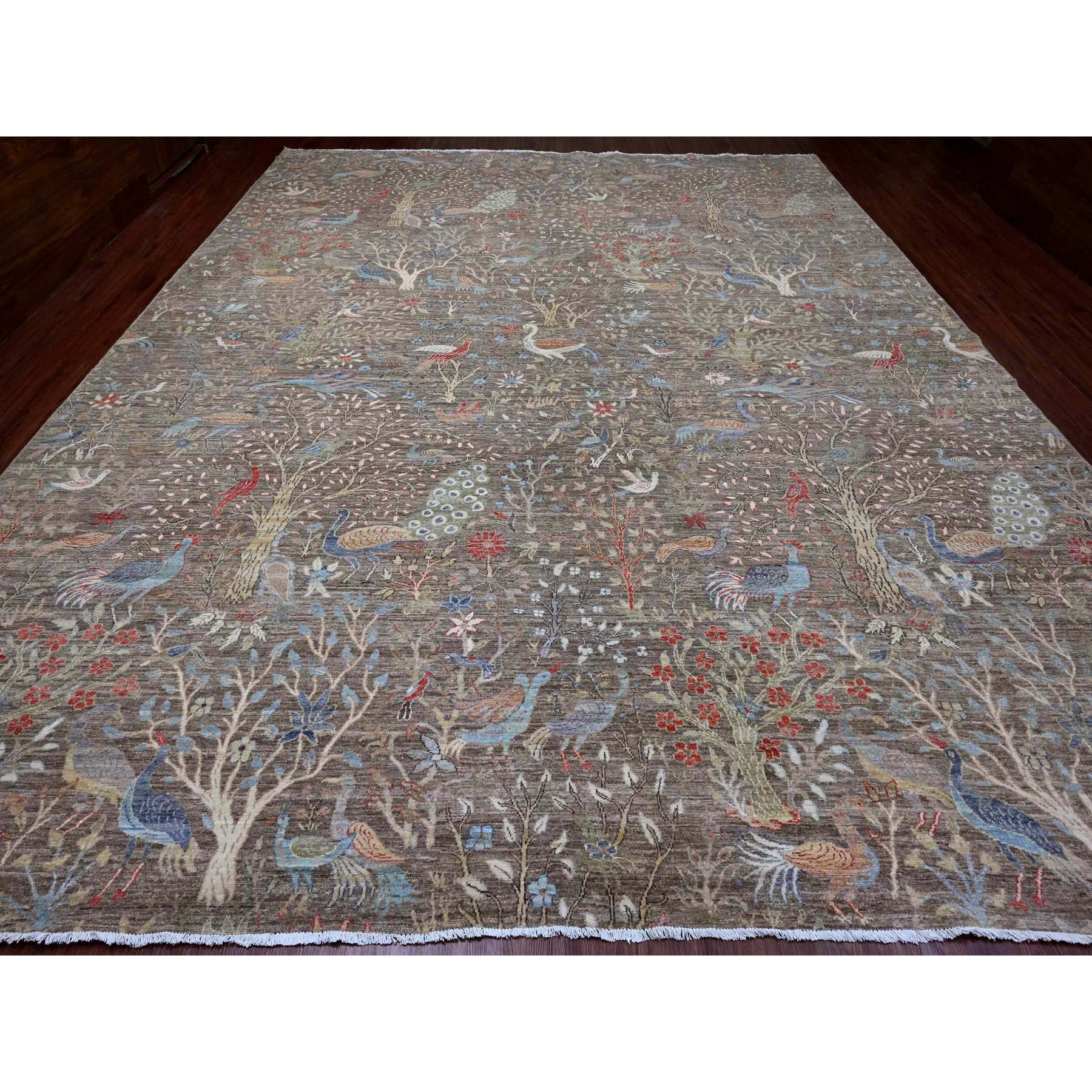 12'1"x15'5" Mocha Brown, Afghan Peshawar with Birds of Paradise Design, Soft Wool, Hand Knotted, Veggie Dyes, Oversized, Oriental Rug Sh20456