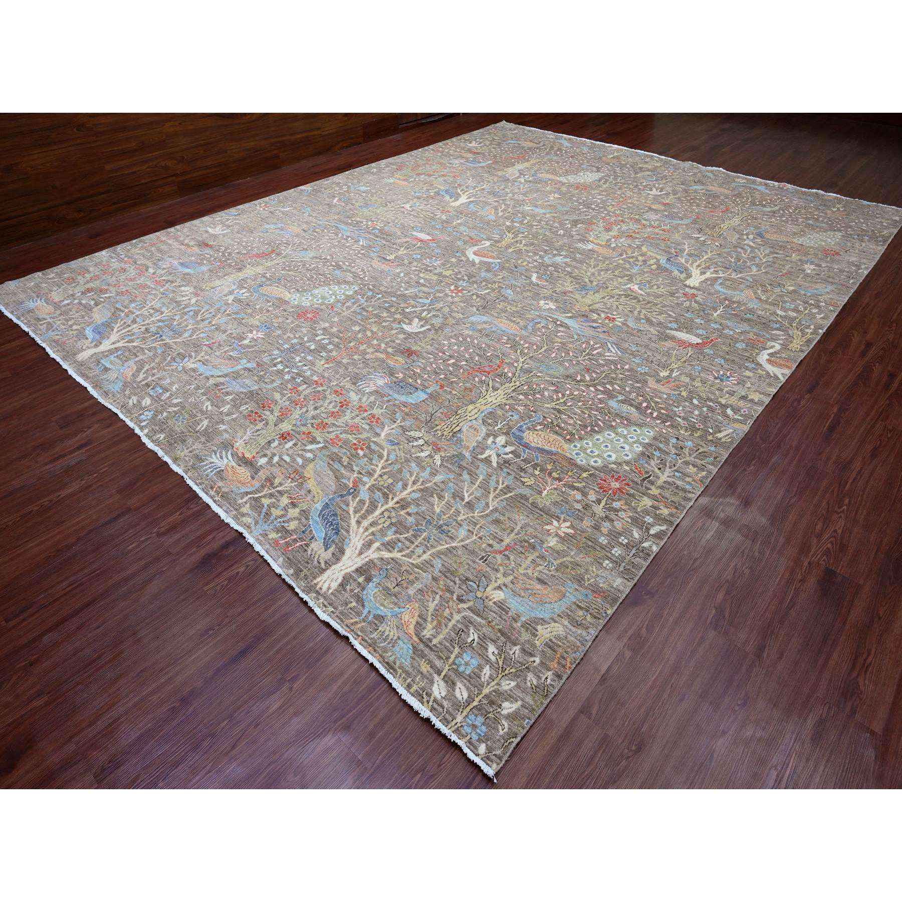 12'1"x15'5" Mocha Brown, Afghan Peshawar with Birds of Paradise Design, Soft Wool, Hand Knotted, Veggie Dyes, Oversized, Oriental Rug Sh20456
