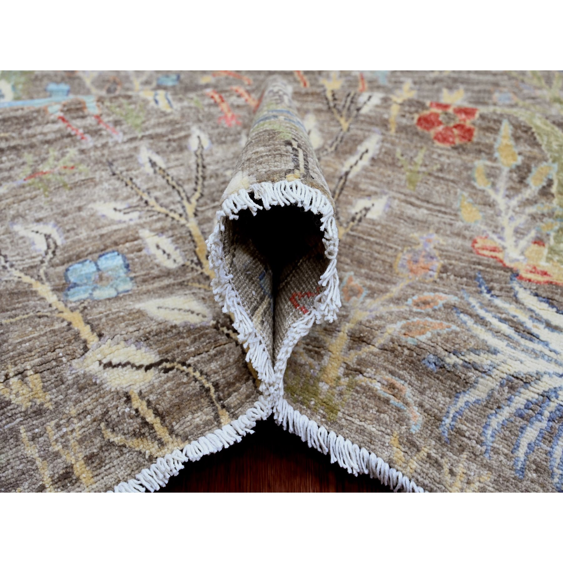 12'1"x15'5" Mocha Brown, Afghan Peshawar with Birds of Paradise Design, Soft Wool, Hand Knotted, Veggie Dyes, Oversized, Oriental Rug Sh20456