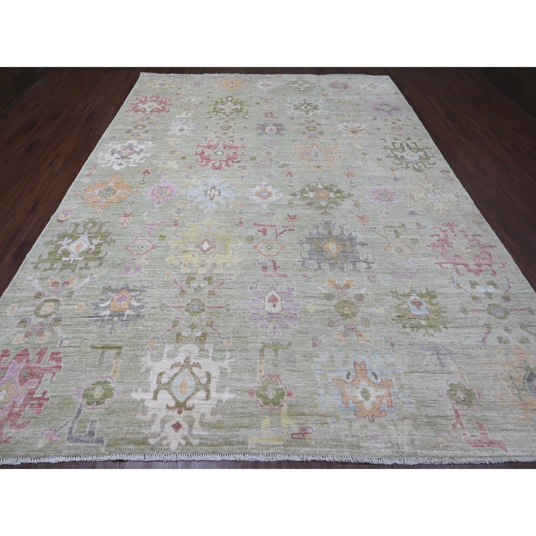 9'2"x12'1" Sage Green, Hand Knotted, Afghan Angora Oushak with Geometric Leaf Design, Vegetable Dyes, 100% Wool, Oriental Rug Sh20458