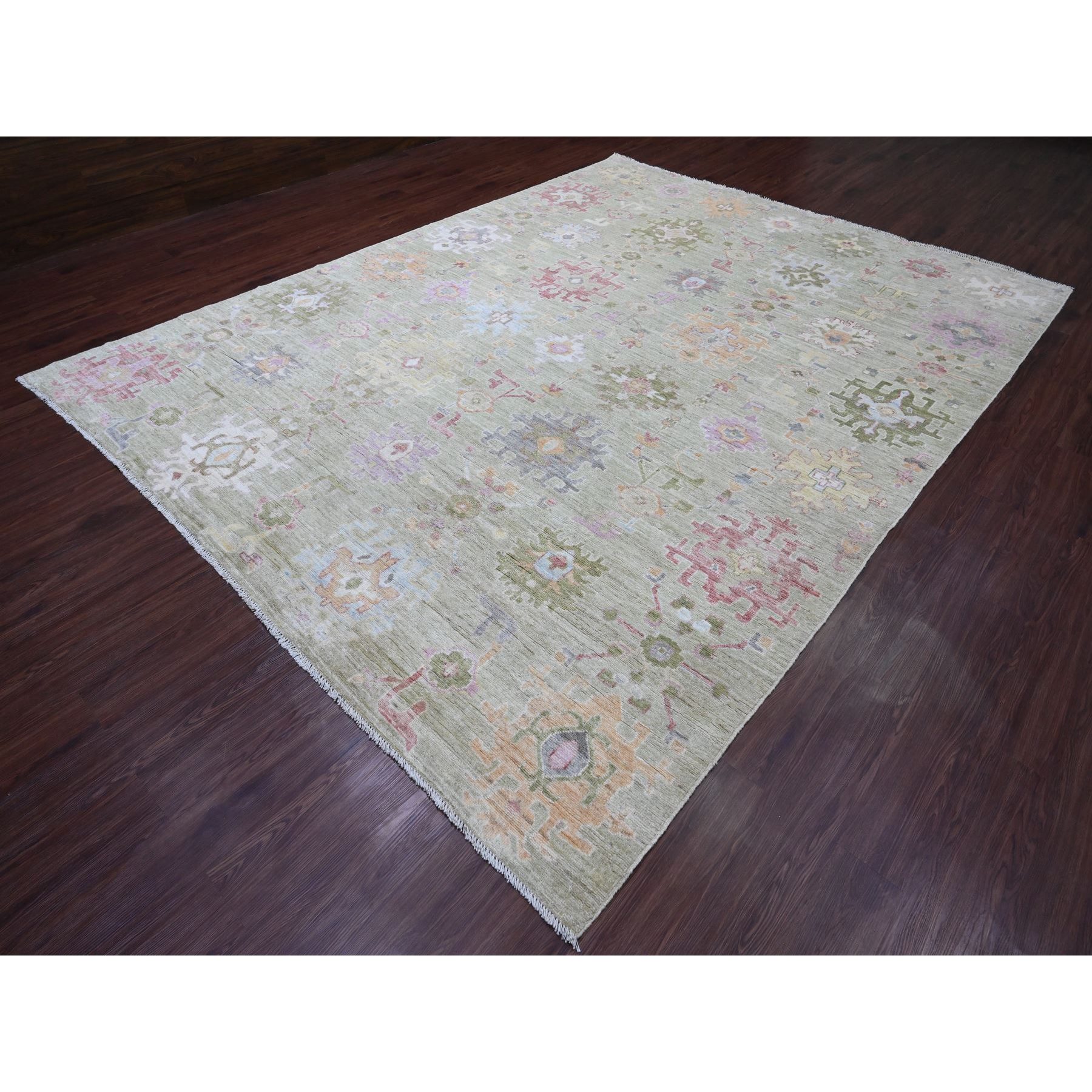 9'2"x12'1" Sage Green, Hand Knotted, Afghan Angora Oushak with Geometric Leaf Design, Vegetable Dyes, 100% Wool, Oriental Rug Sh20458