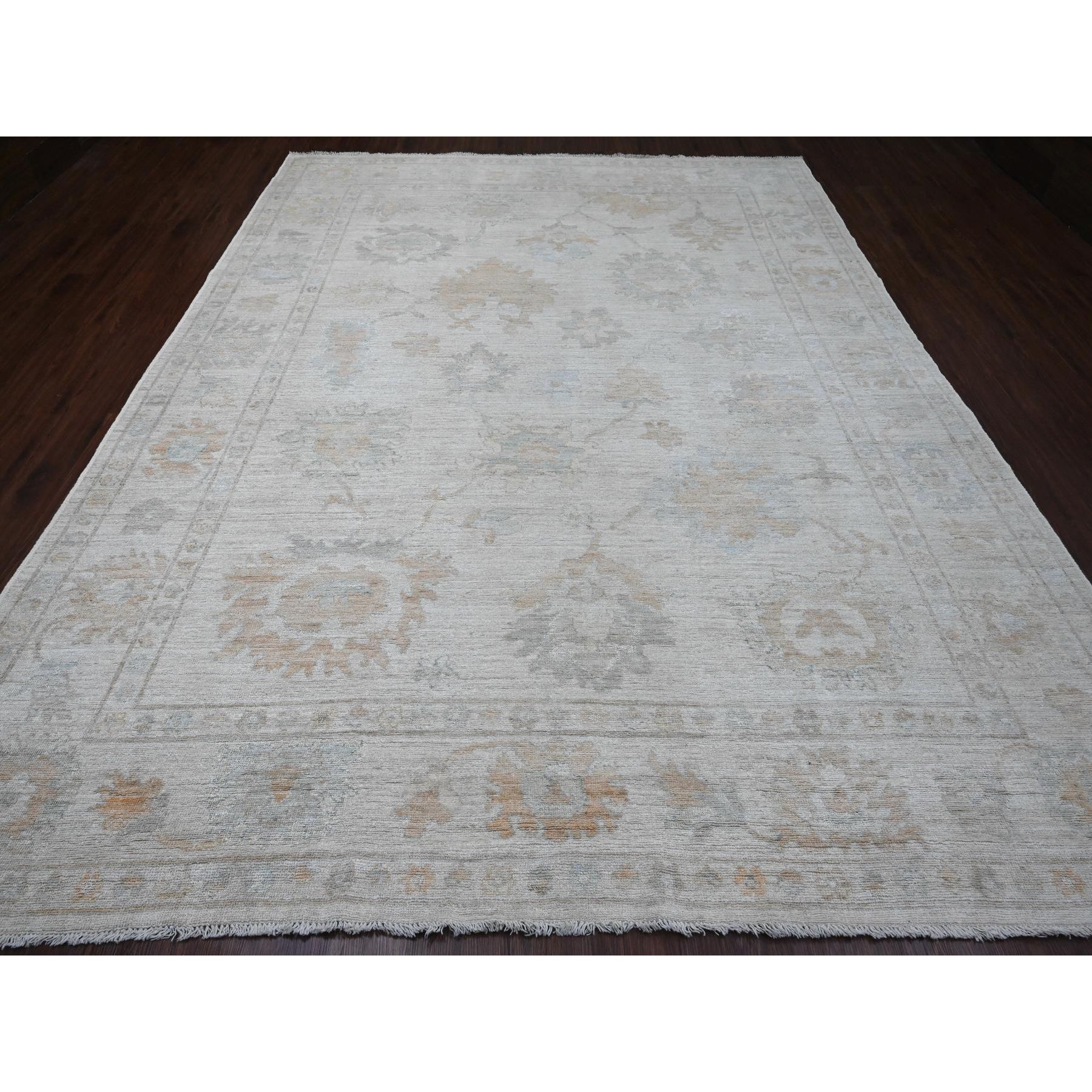9'3"x12' Chiffon White, Afghan Angora Oushak with Muted Colors Floral Design, Hand Knotted, Vegetable Dyes, 100% Wool, Oriental Rug Sh20459