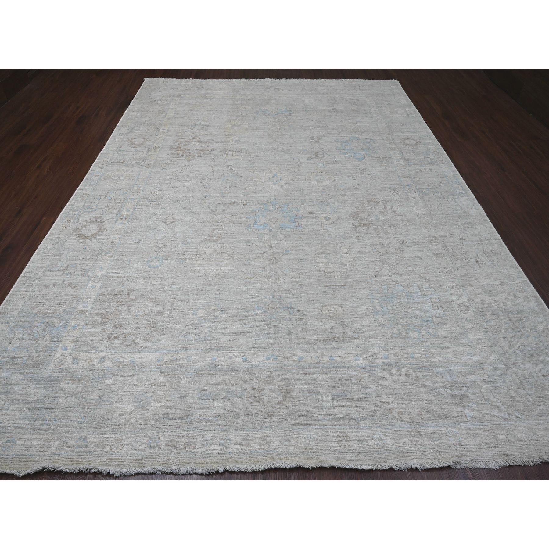 9'x11'10" Cloud Gray, Afghan Angora Oushak with All Over Leaf Design, Hand Knotted, 100% Wool, Vegetable Dyes, Oriental Rug Sh20460